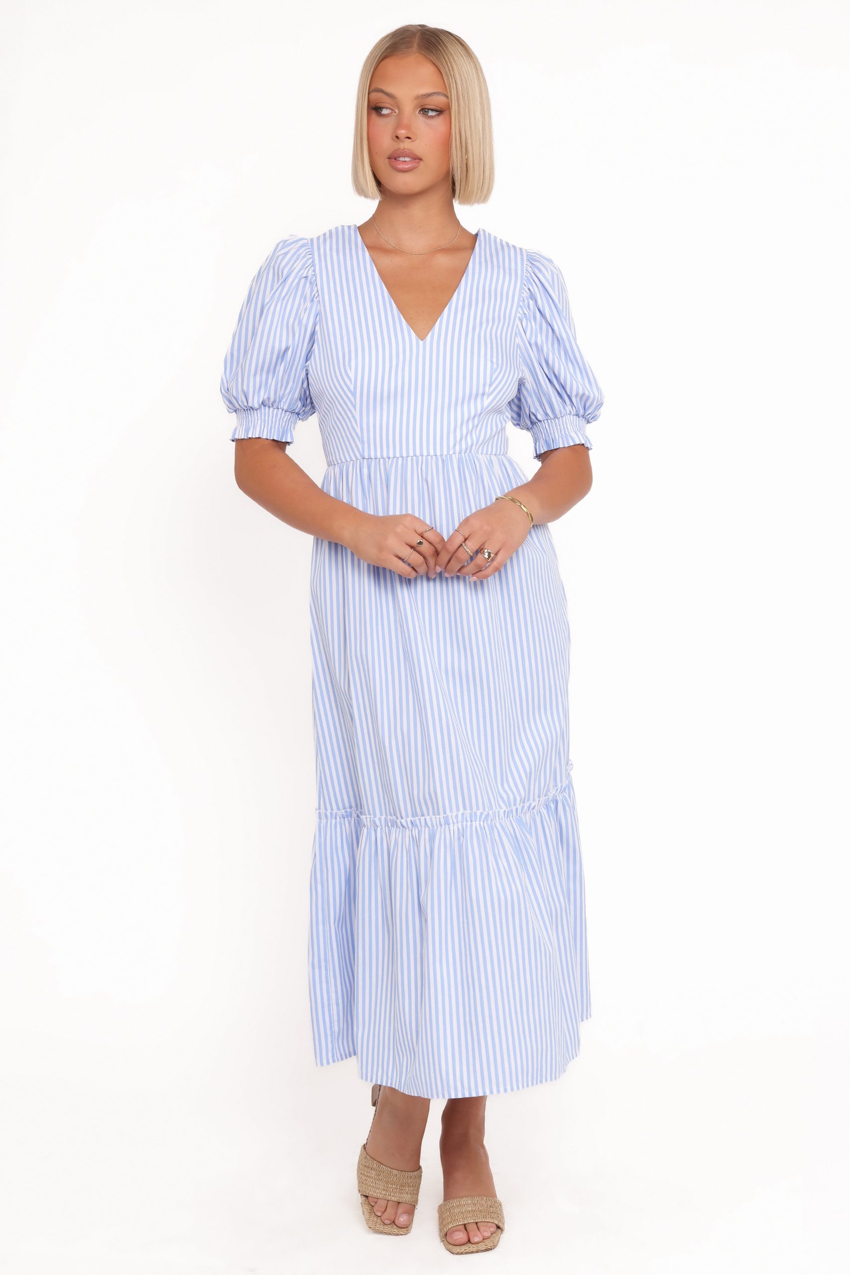 Steele Puff Sleeve Midi Dress - Blue Stripe - Image 6
