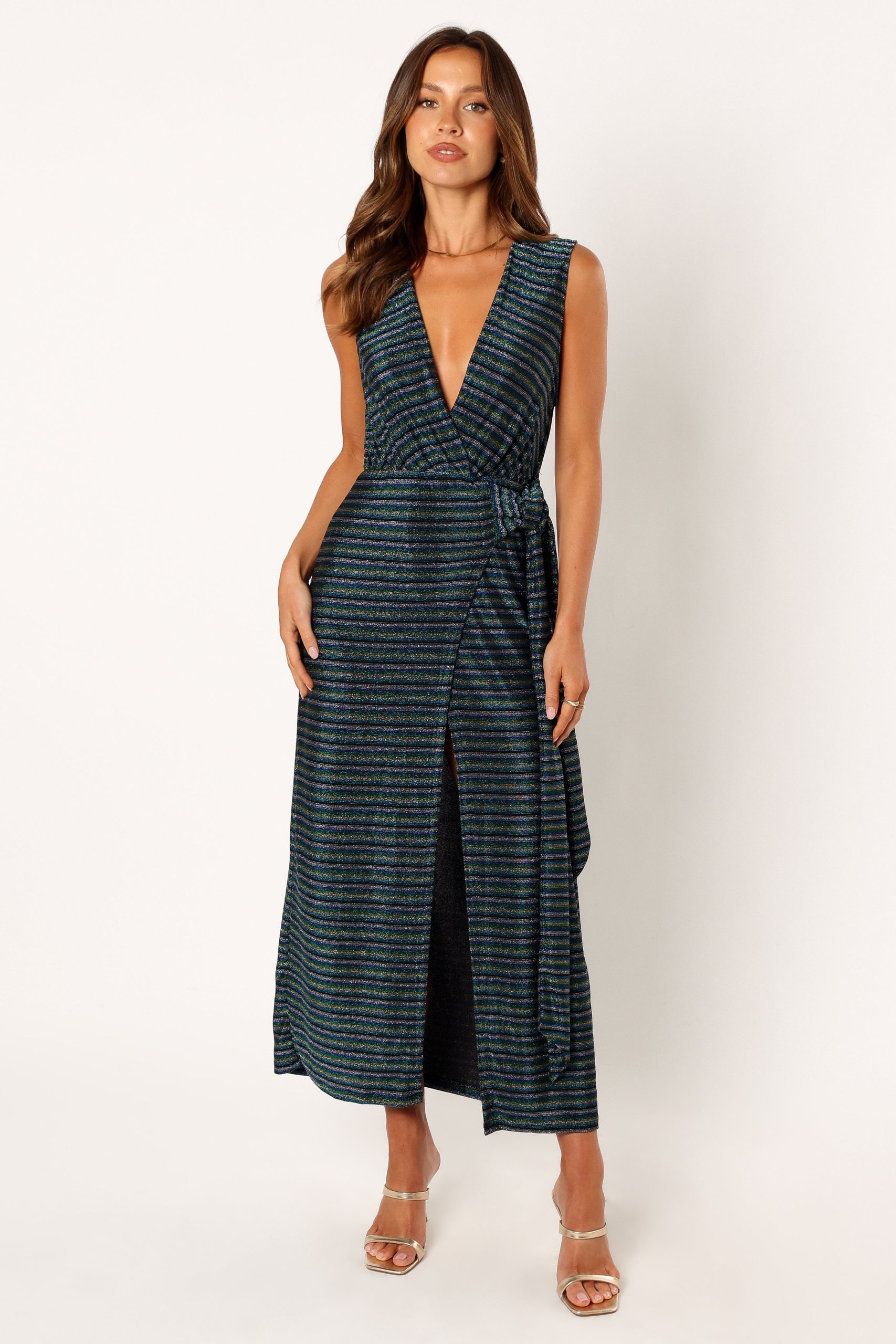 Tahlia Wrap Midi Dress - Blue Gold Stripe - Image 2