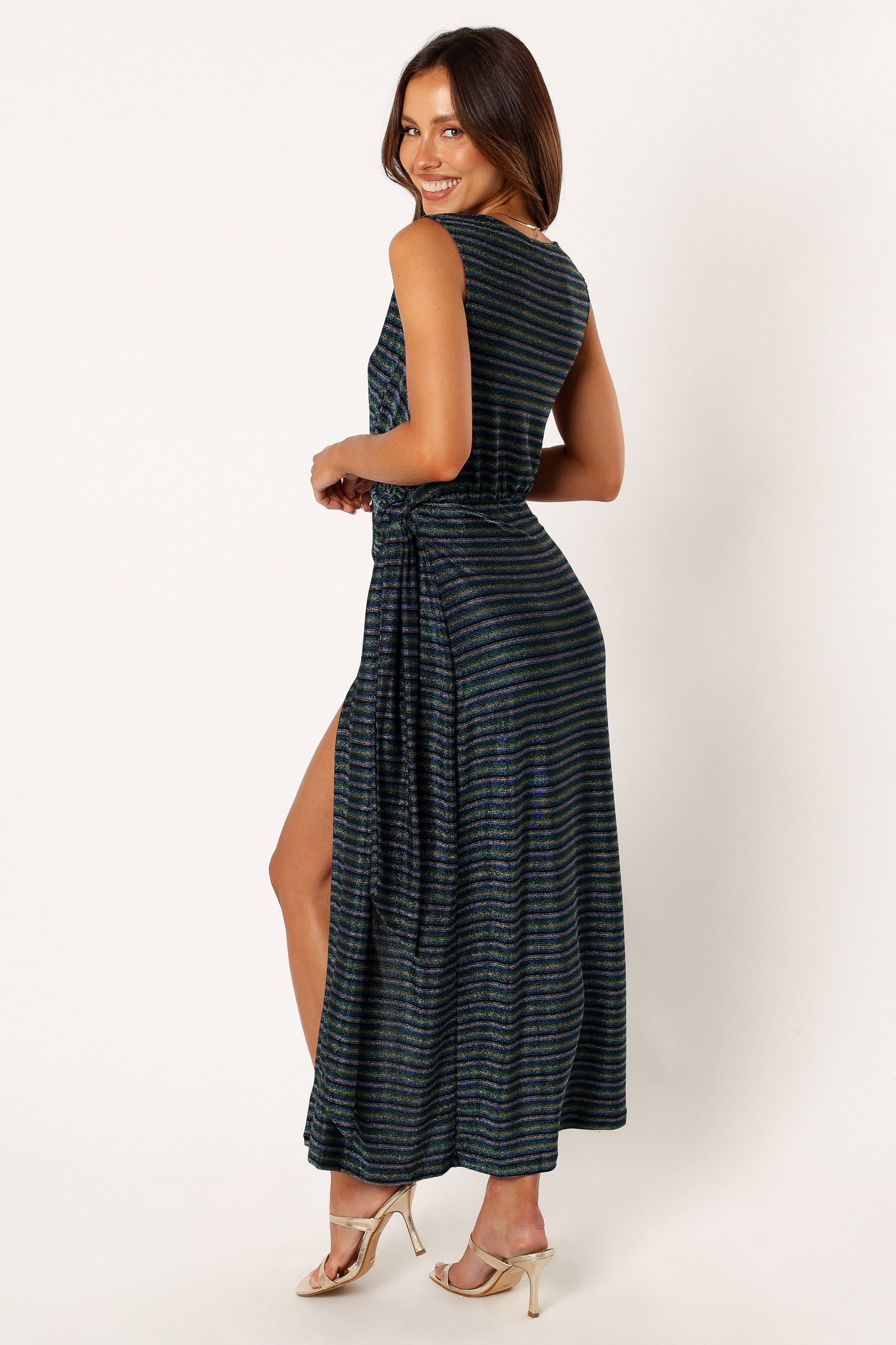 Tahlia Wrap Midi Dress - Blue Gold Stripe - Image 5