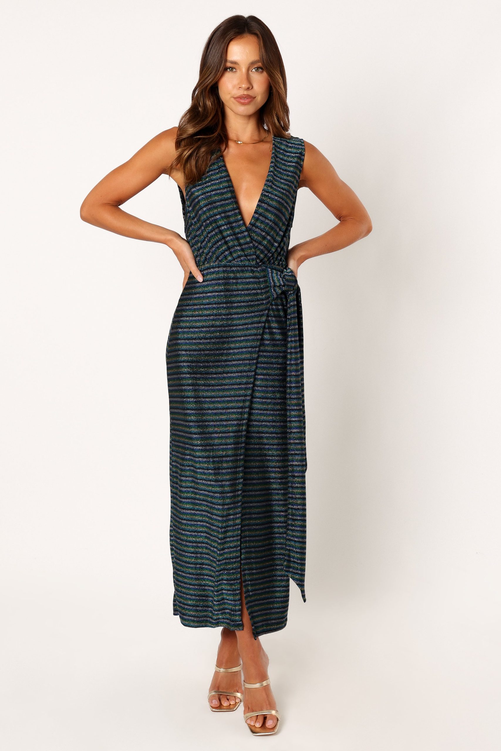 Tahlia Wrap Midi Dress - Blue Gold Stripe - Image 7