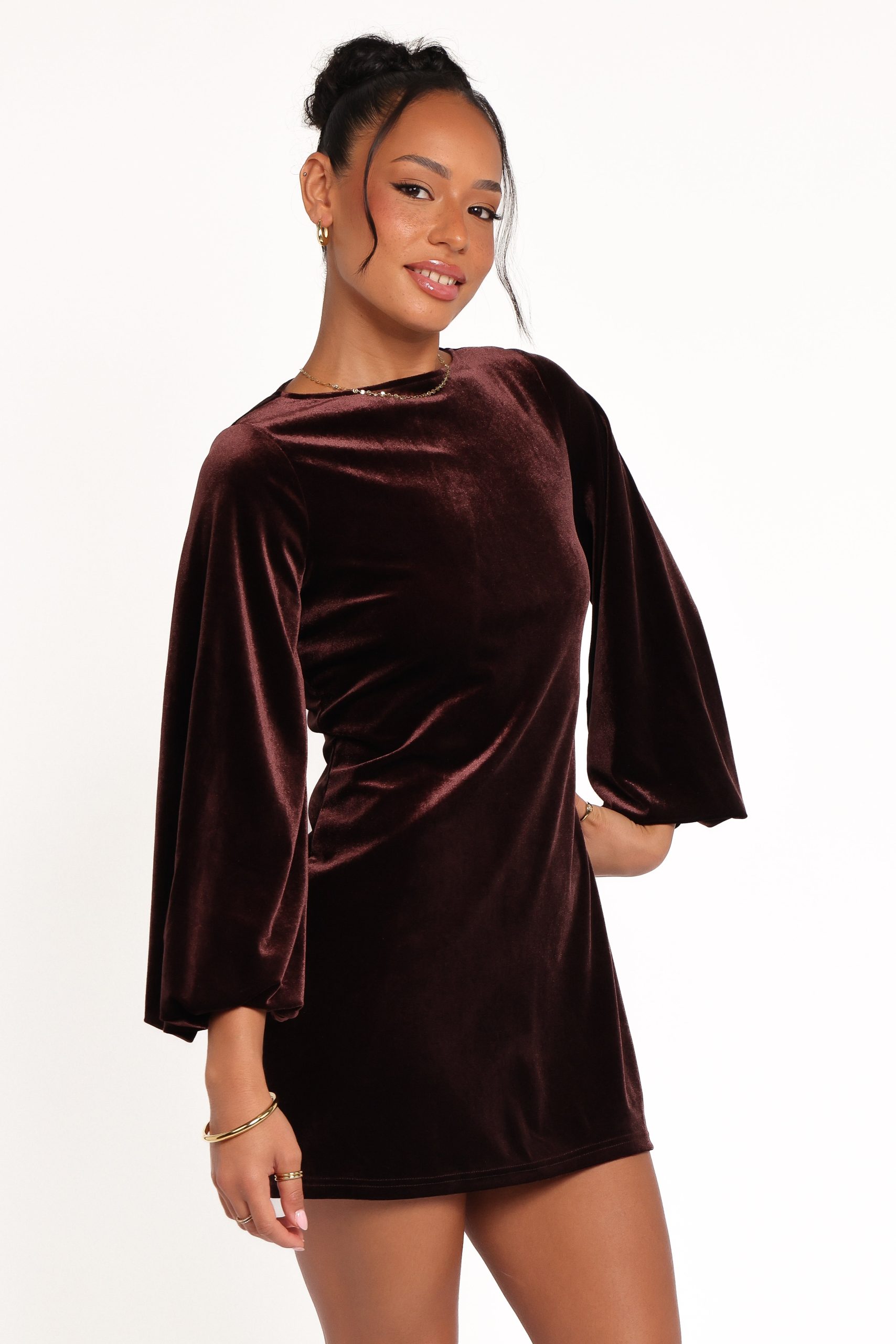 Twylar Long Sleeve Velvet Mini Dress - Brown - Image 4