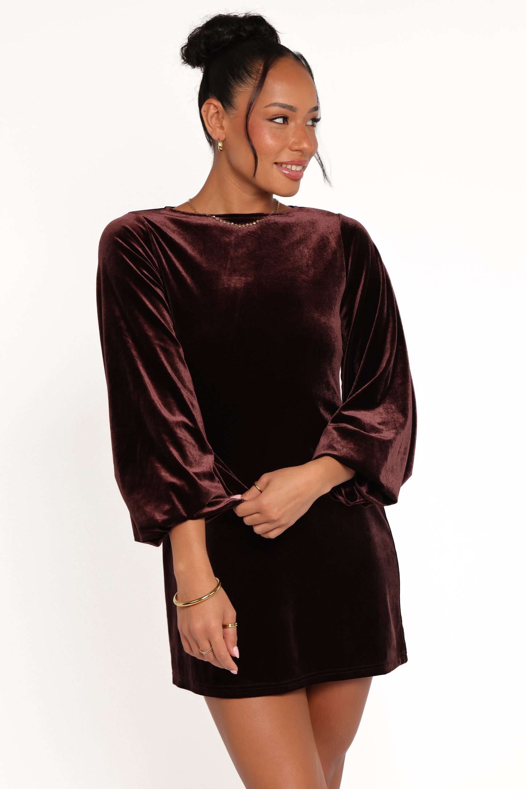 Twylar Long Sleeve Velvet Mini Dress - Brown - Image 2