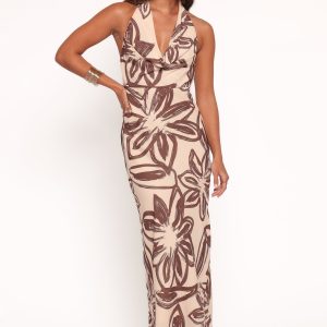 Warner Halter Dress - Cream/Brown