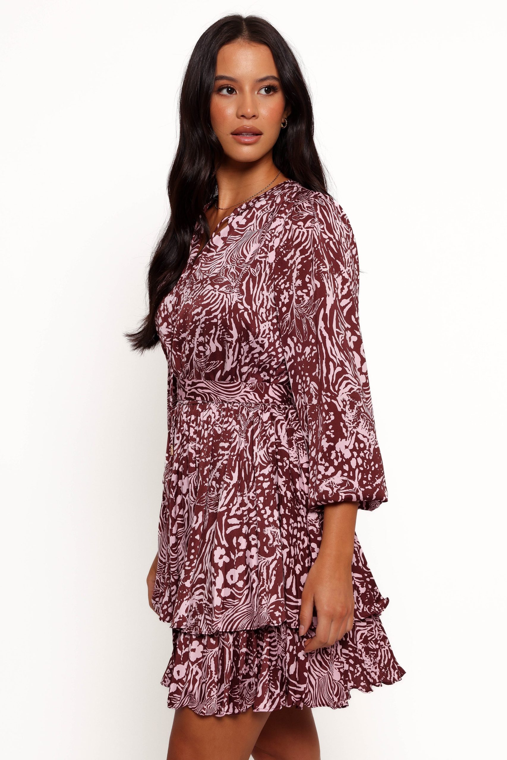 Wrenley Long Sleeve Mini Dress - Chocolate/Pink - Image 3