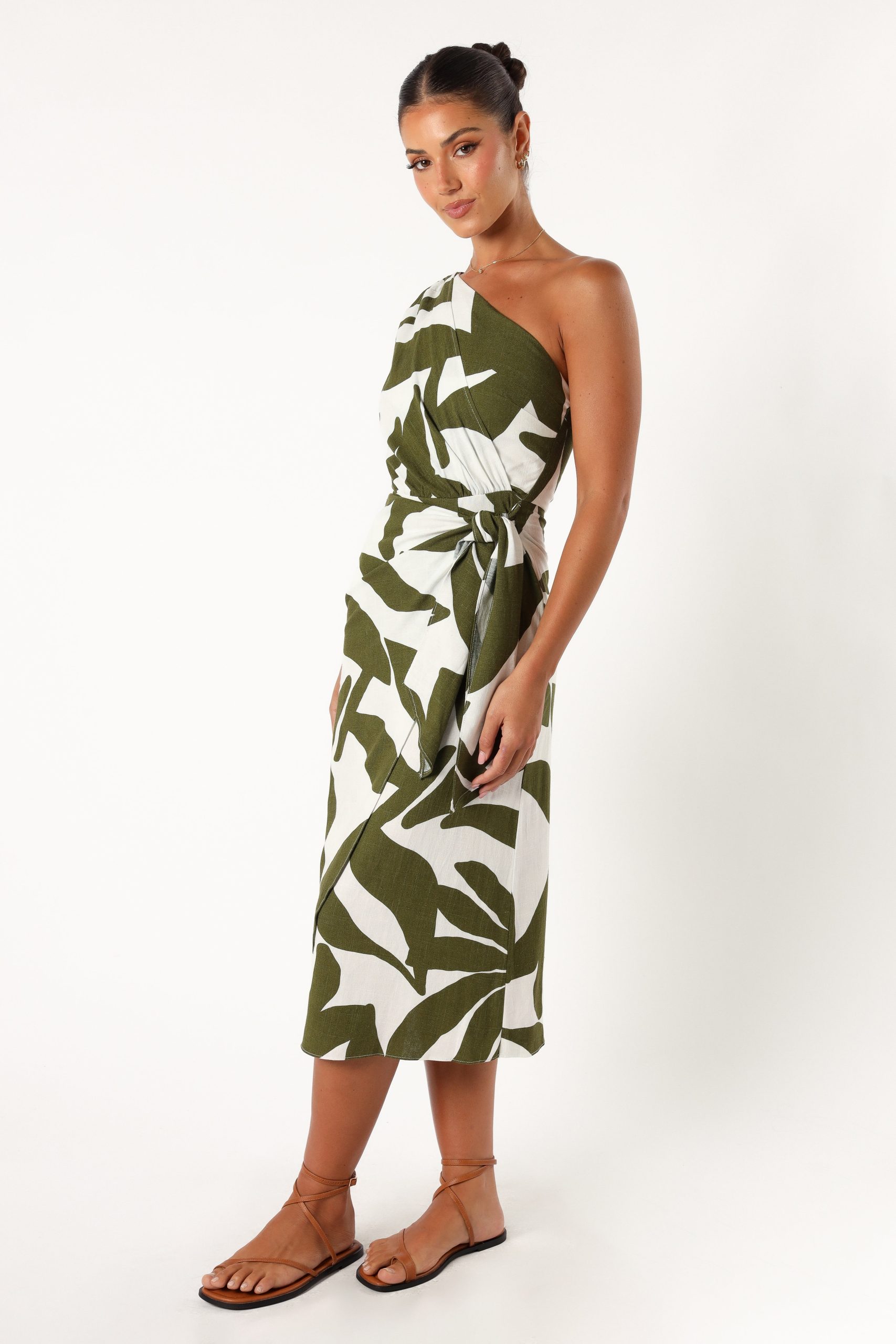Zara One Shoulder Midi Dress - Olive Palm - Image 4