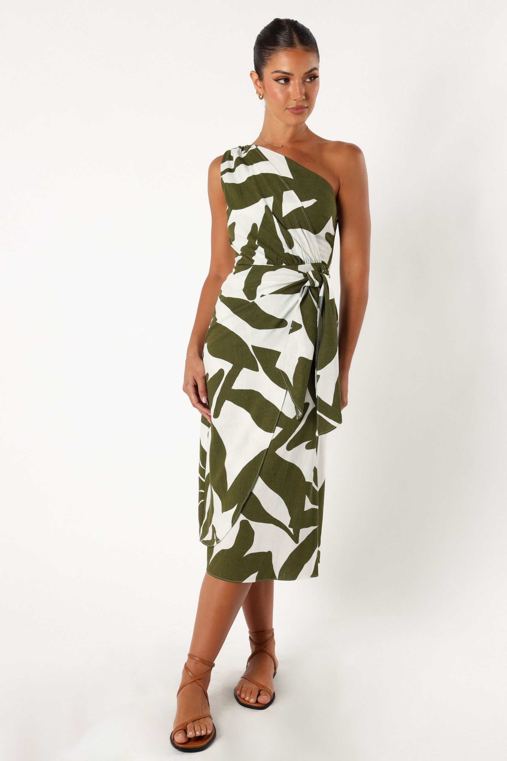 Zara One Shoulder Midi Dress - Olive Palm - Image 7