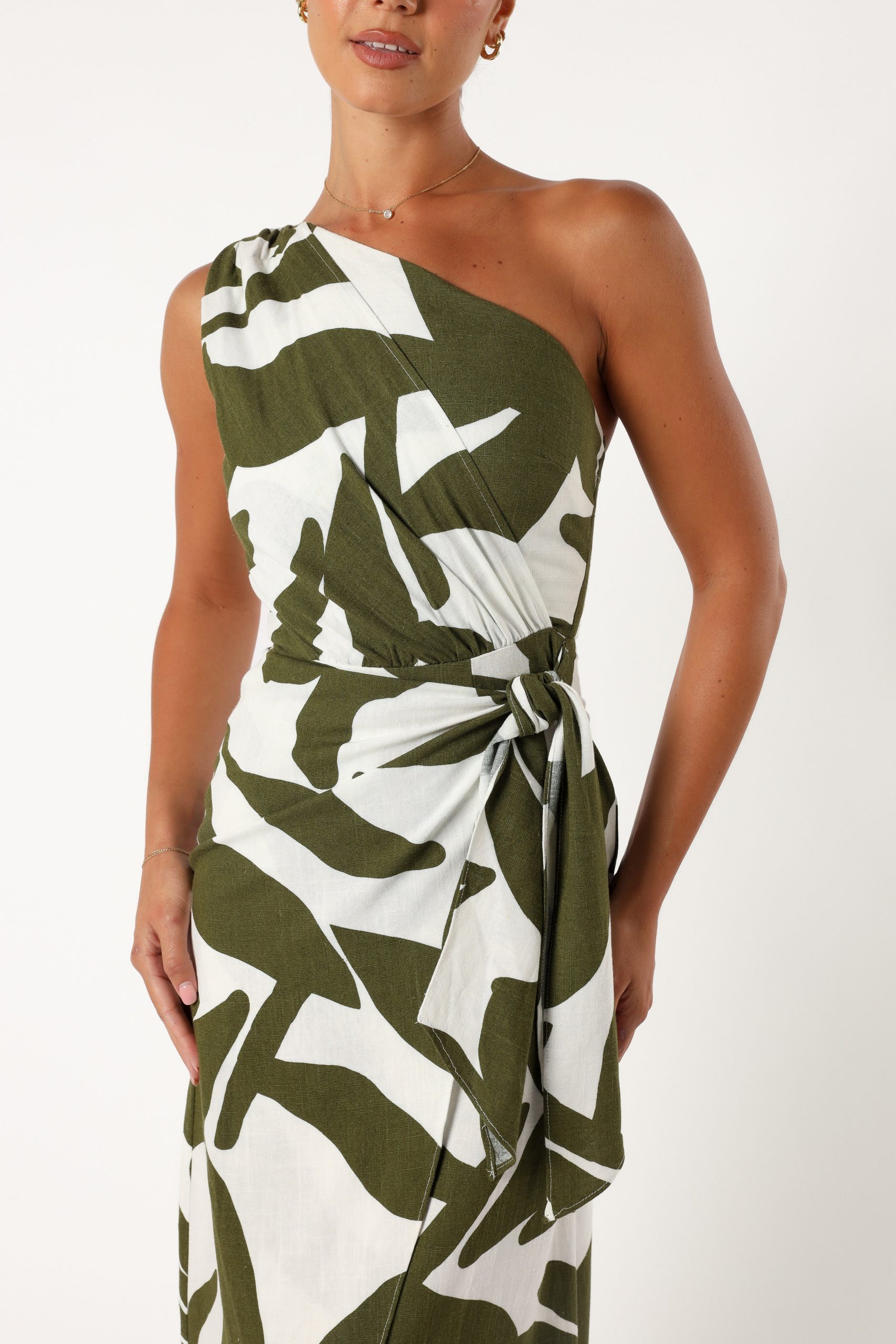 Zara One Shoulder Midi Dress - Olive Palm - Image 8