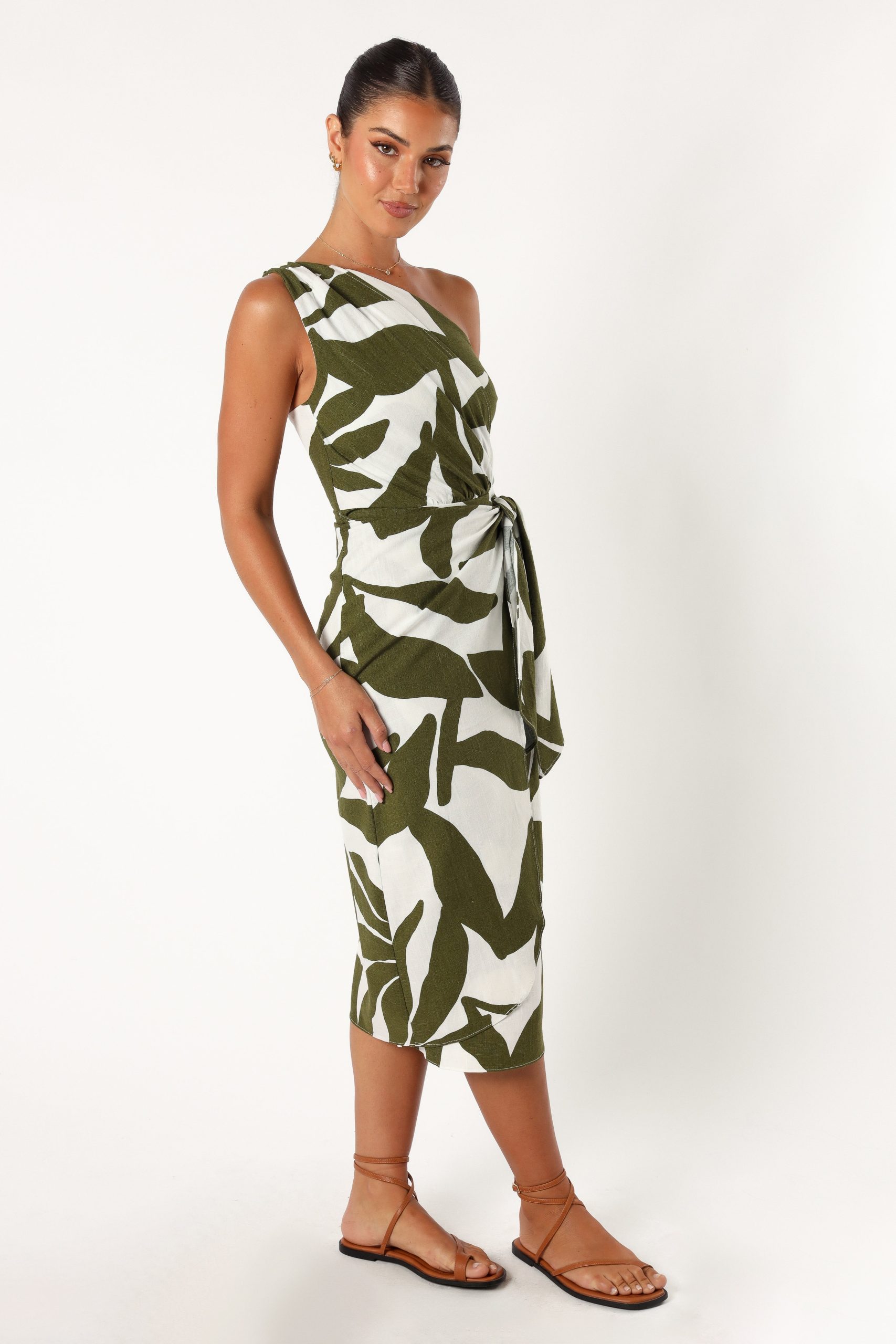 Zara One Shoulder Midi Dress - Olive Palm - Image 6