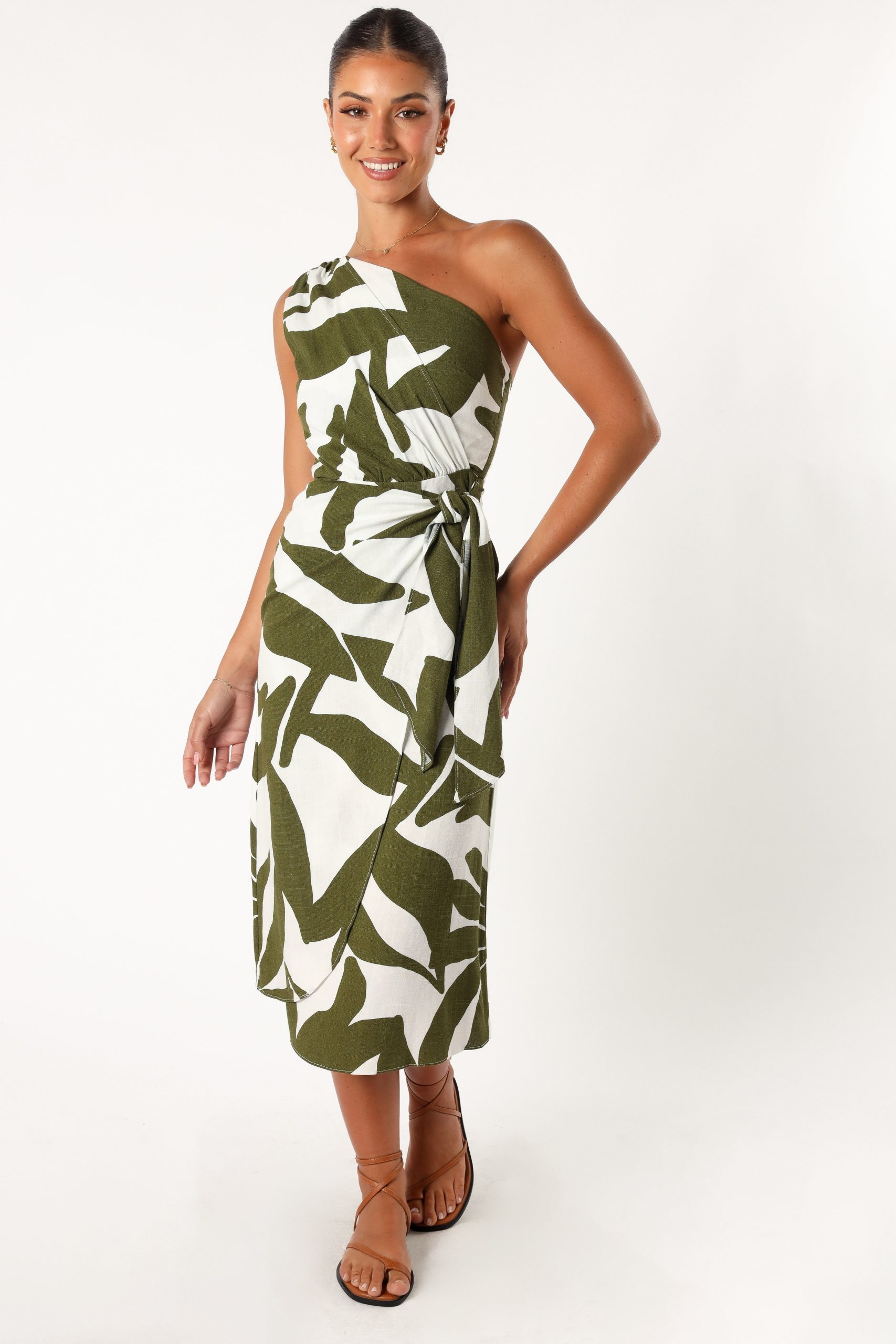 Zara One Shoulder Midi Dress - Olive Palm - Image 3