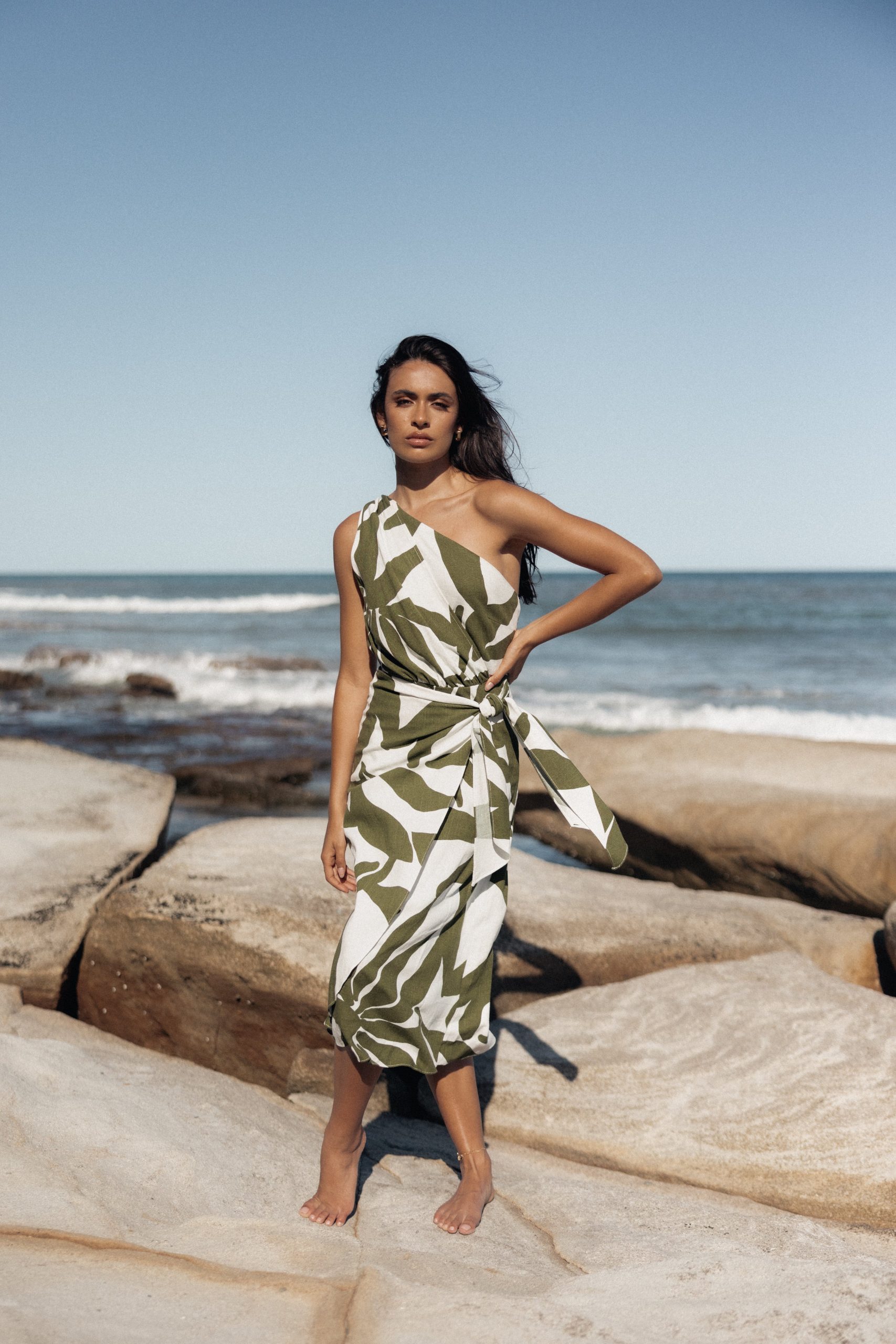 Zara One Shoulder Midi Dress - Olive Palm - Image 2