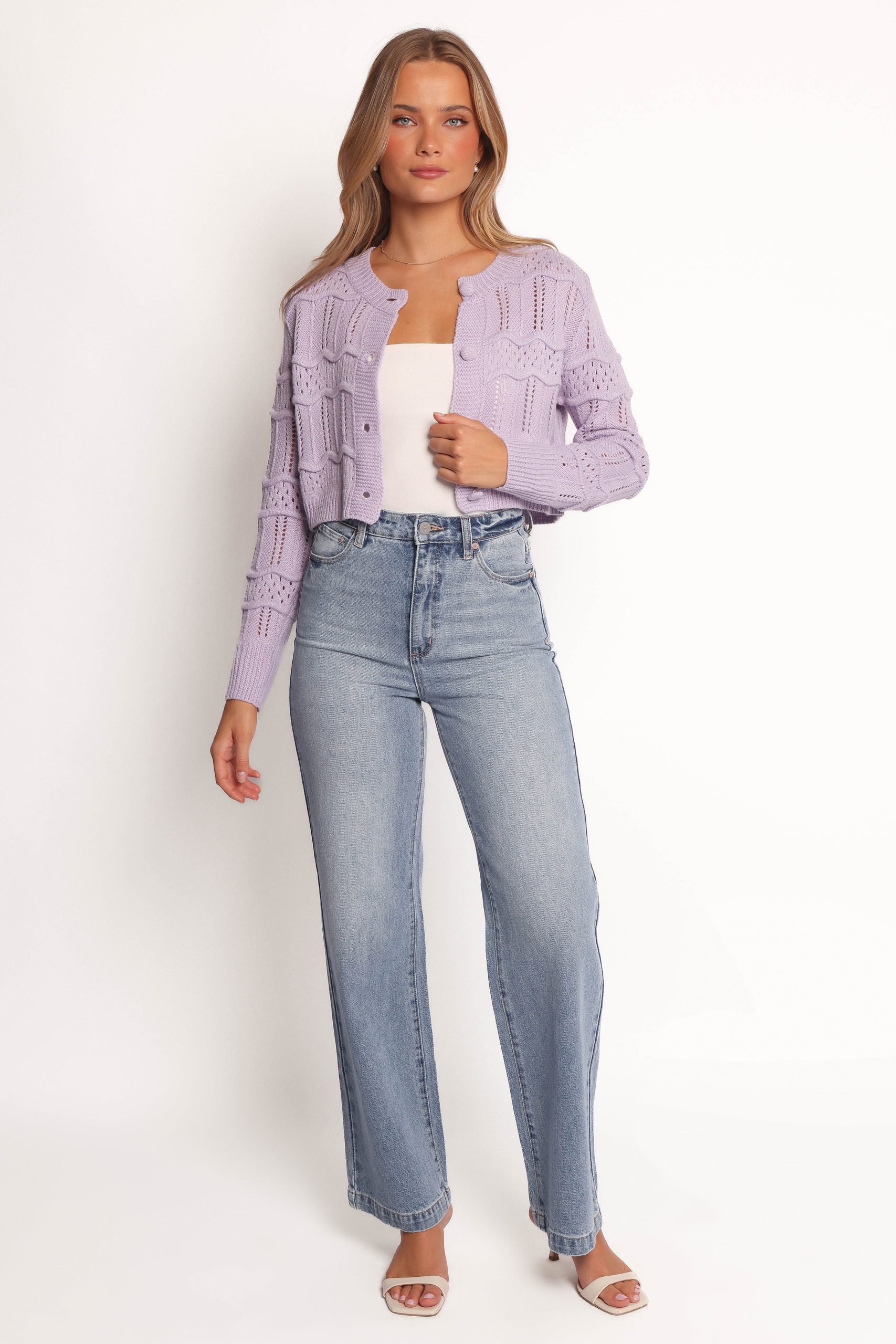 Aidy Crop Button Front Cardigan - Lilac - Image 3