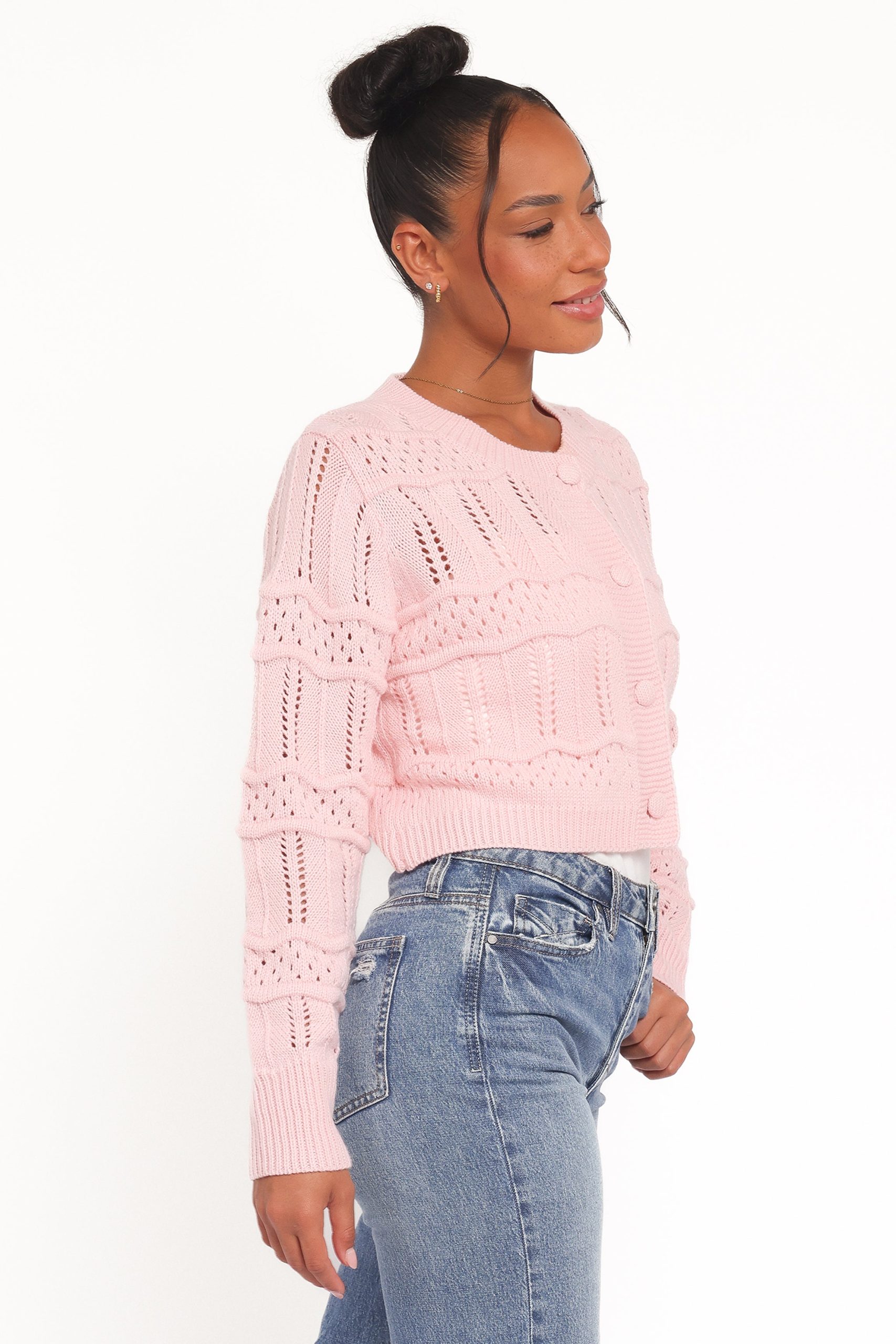 Aidy Crop Button Front Cardigan - Pink - Image 3