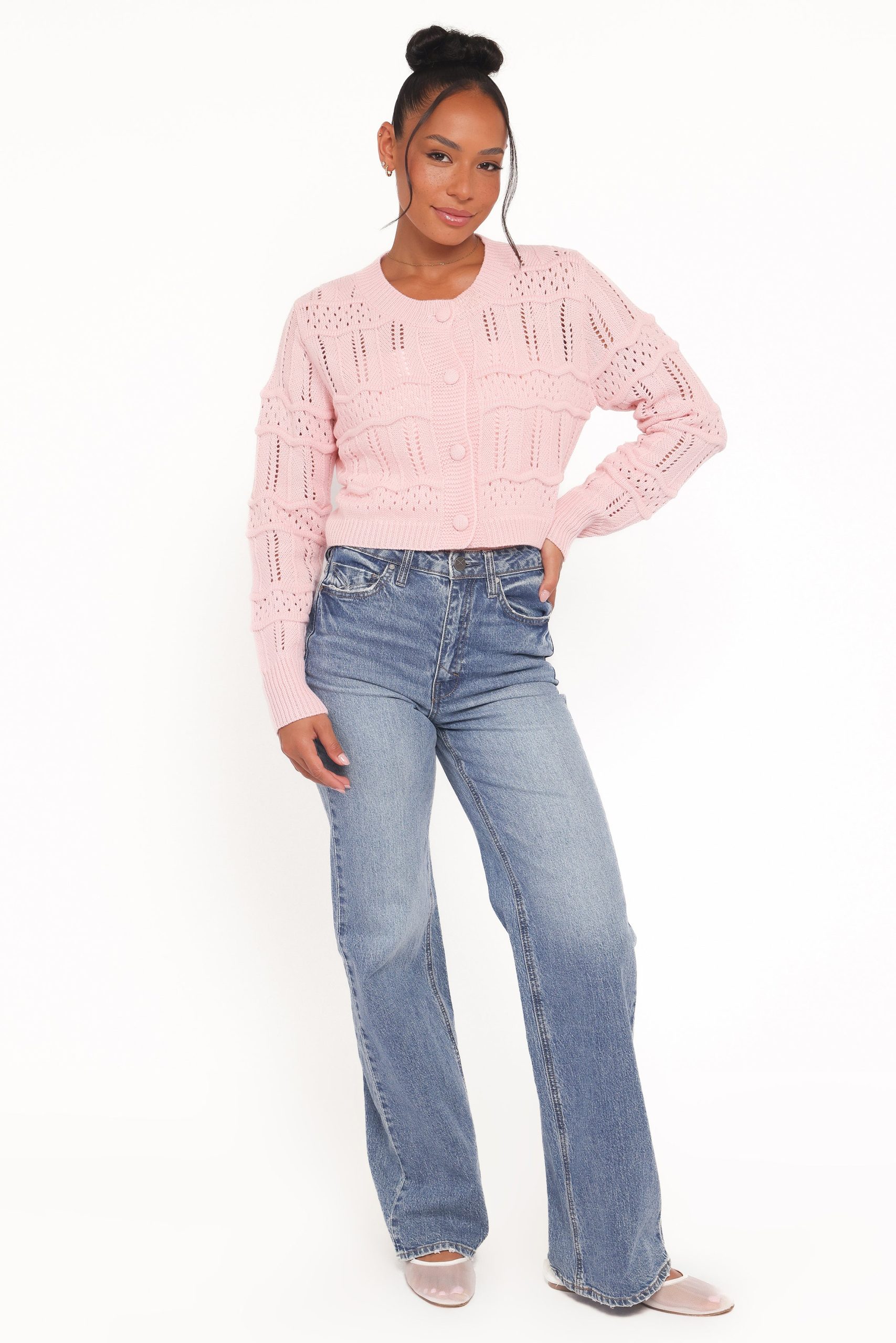 Aidy Crop Button Front Cardigan - Pink - Image 2
