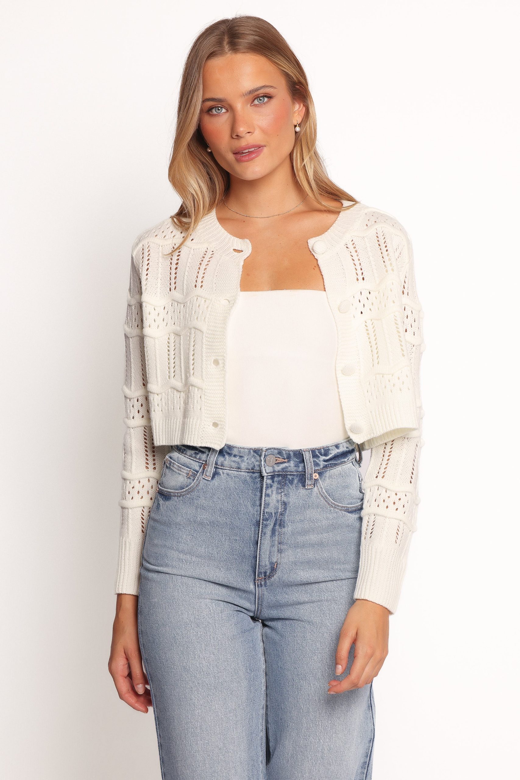 Aidy Crop Button Front Cardigan - White - Image 6