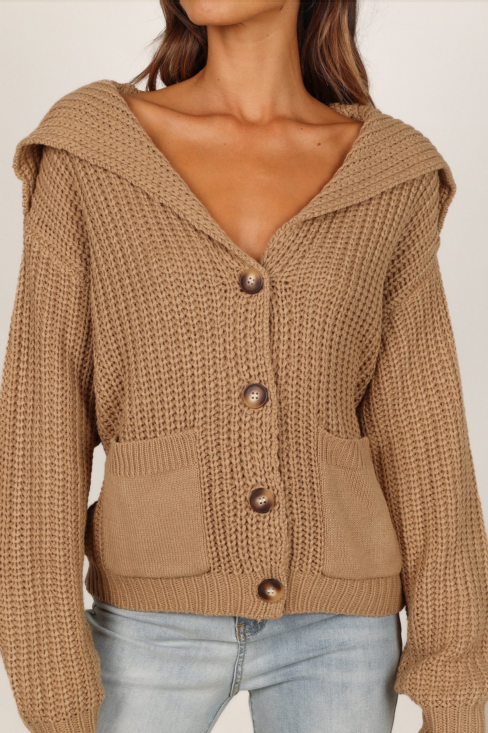 Amelia Oversize Collar Button Cardigan - Camel - Image 2
