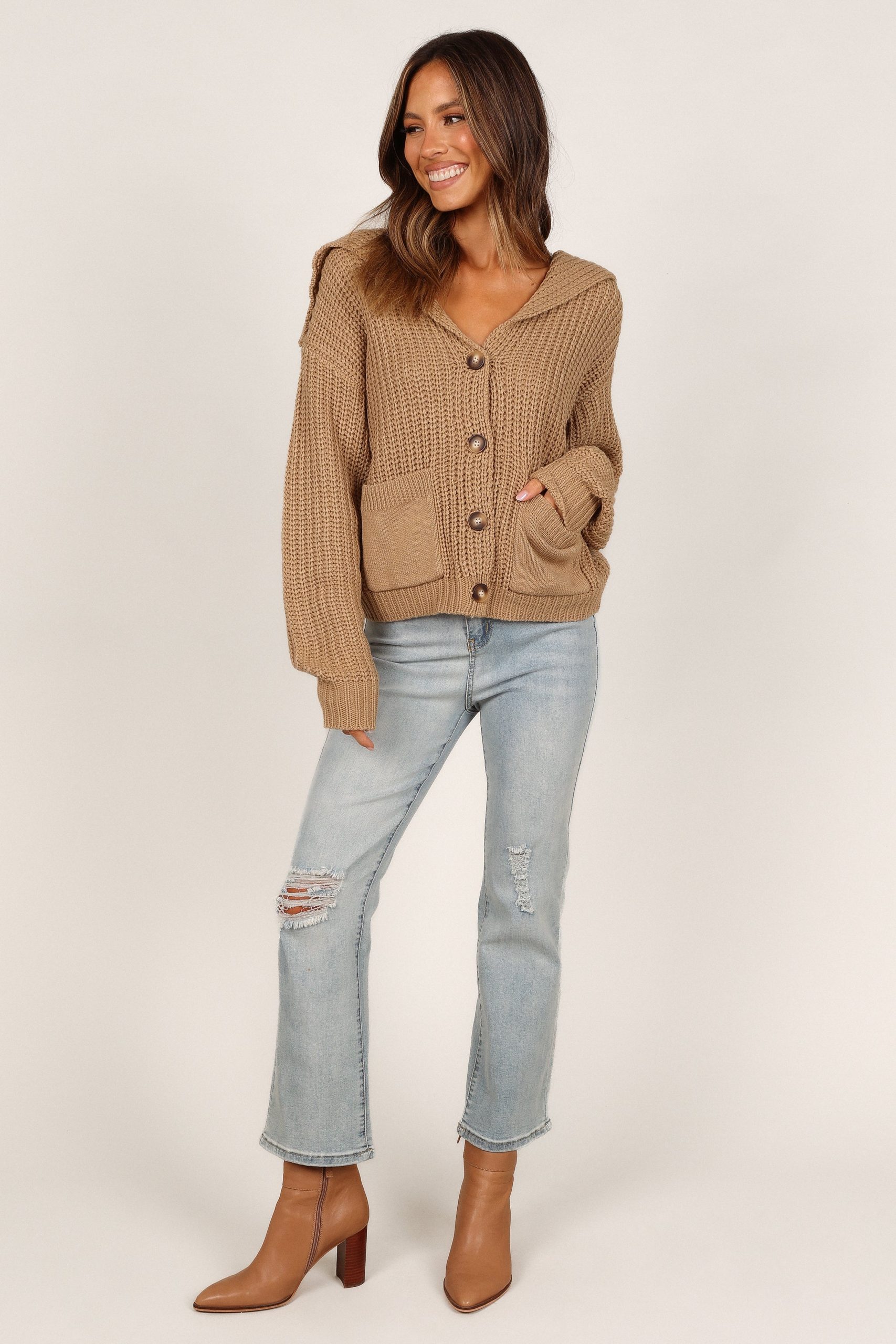 Amelia Oversize Collar Button Cardigan - Camel - Image 3
