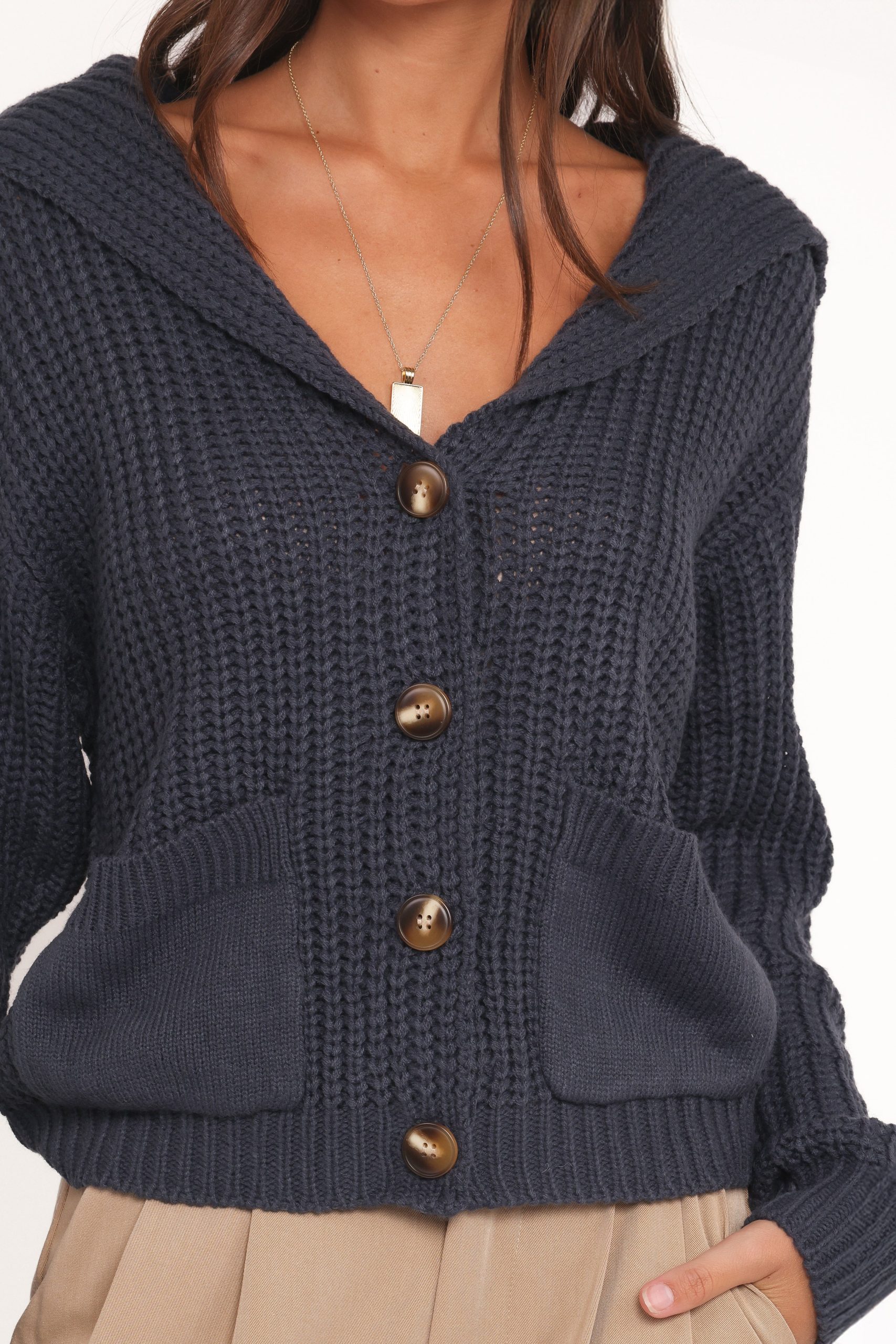 Amelia Oversize Collar Button Cardigan - Navy - Image 2