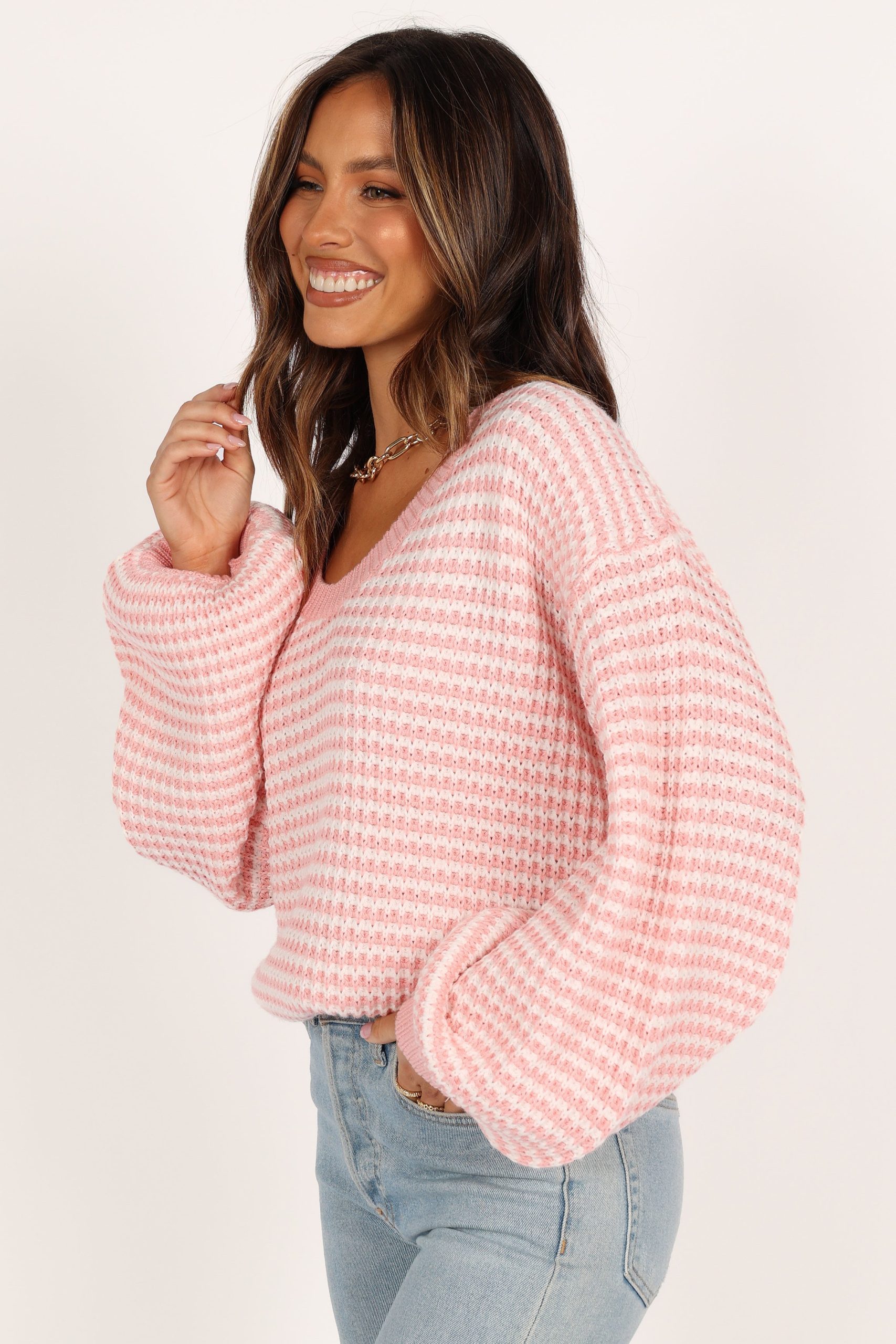 Becca Crewneck Waffle Stitch Stripe Knit Sweater - Pink - Image 5