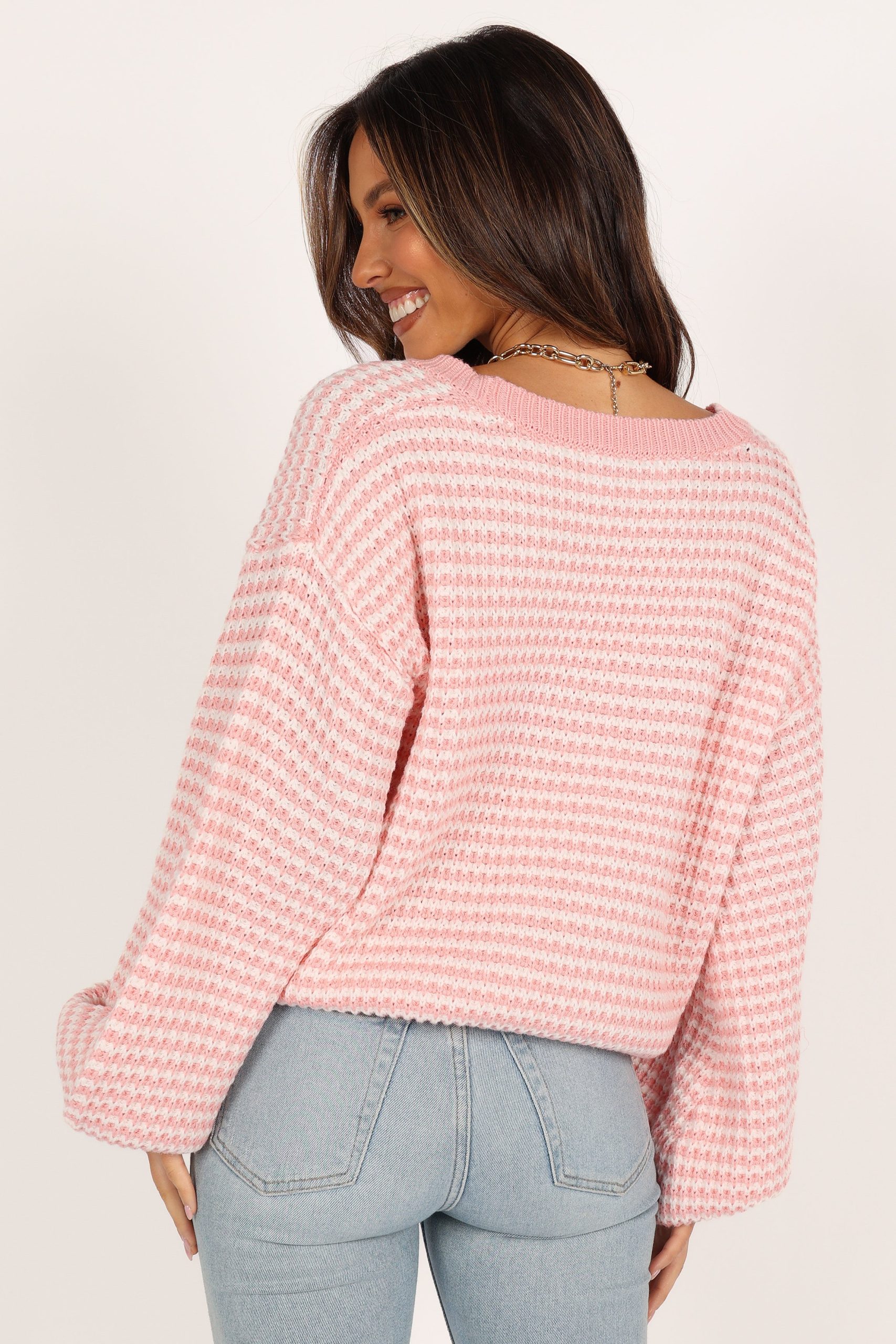 Becca Crewneck Waffle Stitch Stripe Knit Sweater - Pink - Image 6