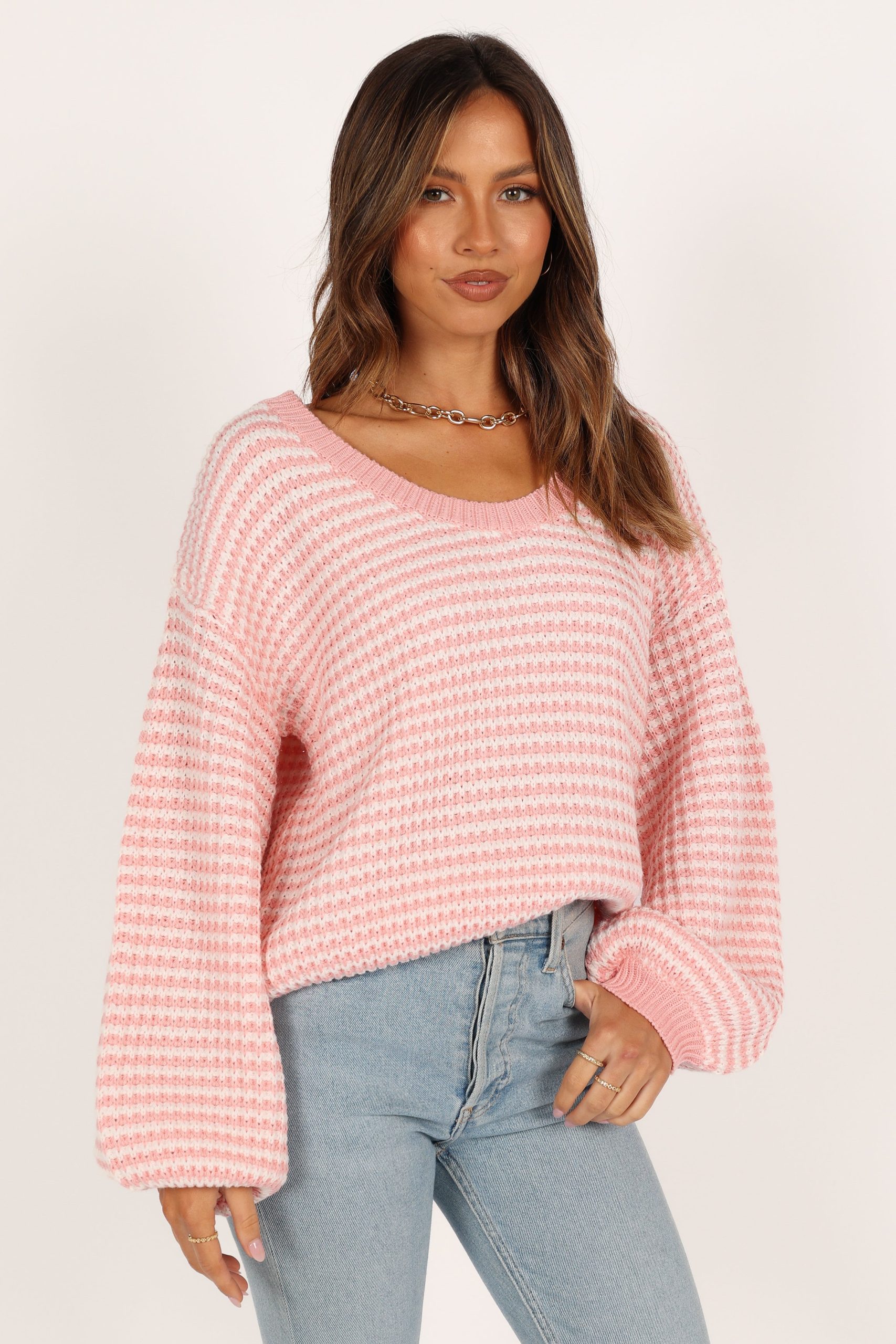 Becca Crewneck Waffle Stitch Stripe Knit Sweater - Pink - Image 7