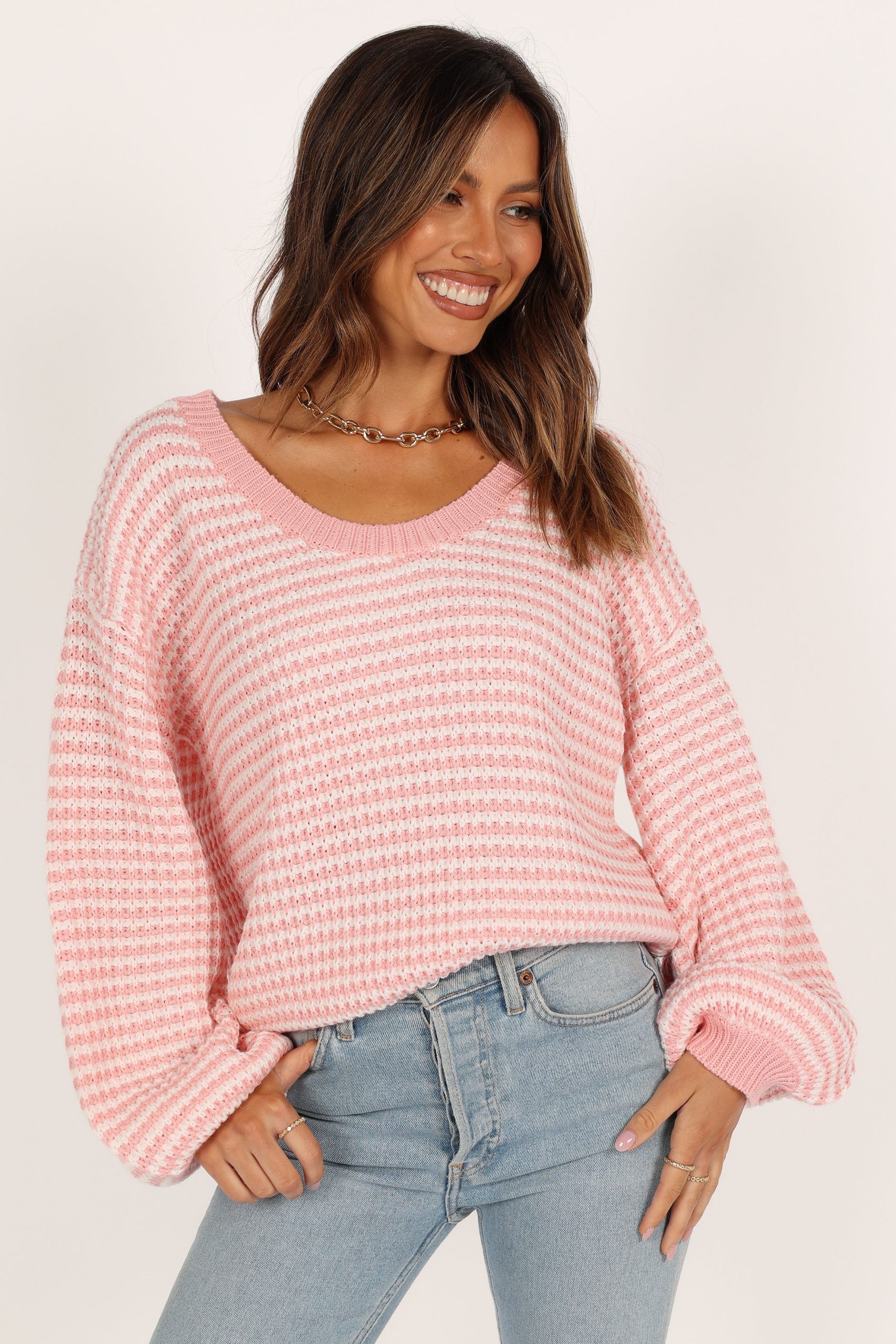 Becca Crewneck Waffle Stitch Stripe Knit Sweater - Pink - Image 8