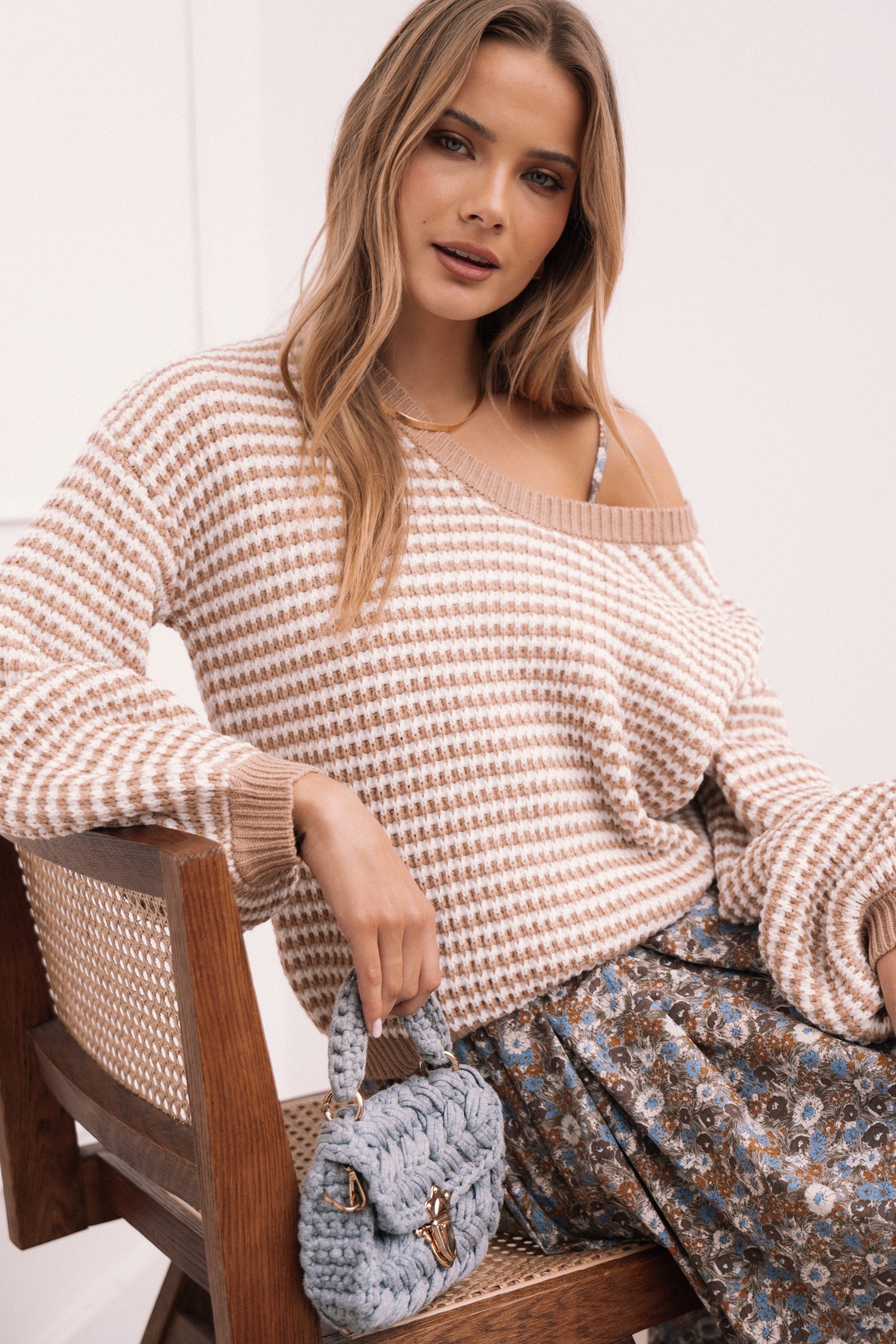 Becca Crewneck Waffle Stitch Stripe Knit Sweater - Tan - Image 2