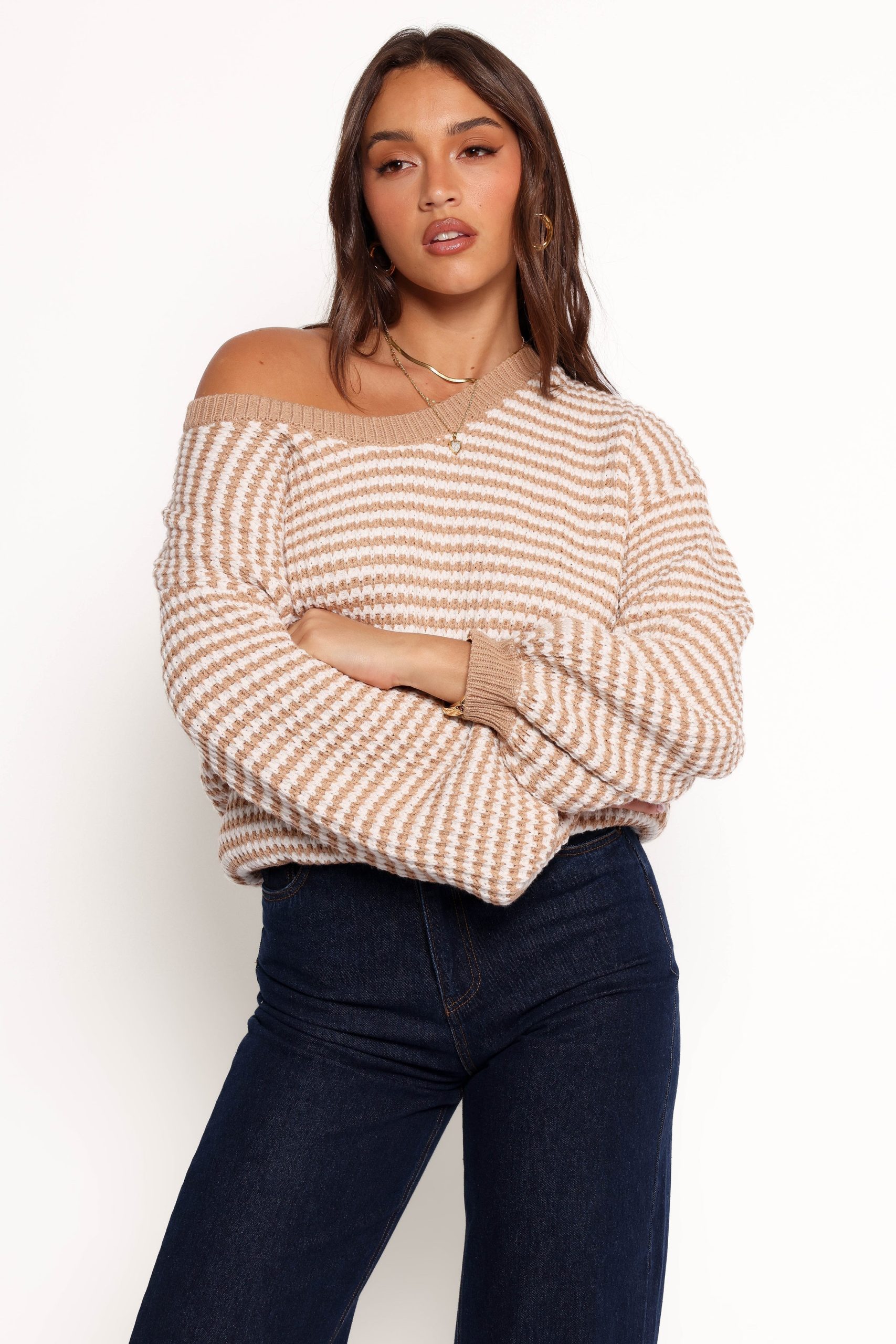 Becca Crewneck Waffle Stitch Stripe Knit Sweater - Tan - Image 3