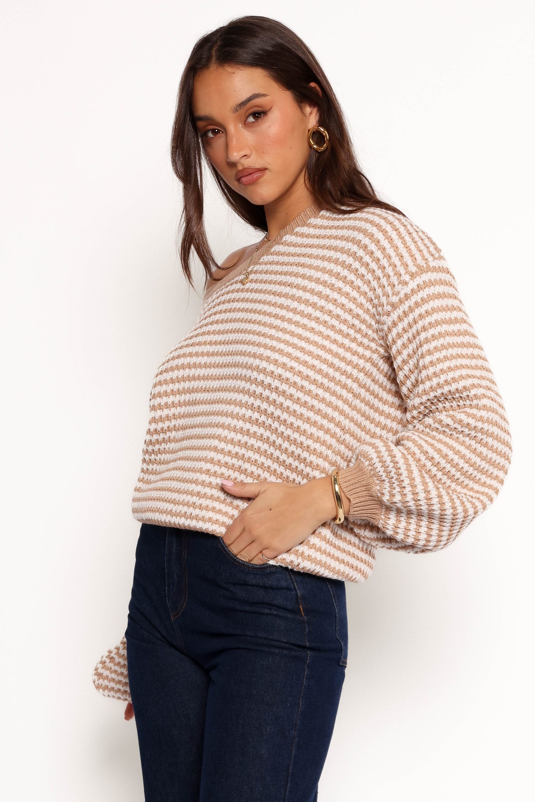 Becca Crewneck Waffle Stitch Stripe Knit Sweater - Tan - Image 5