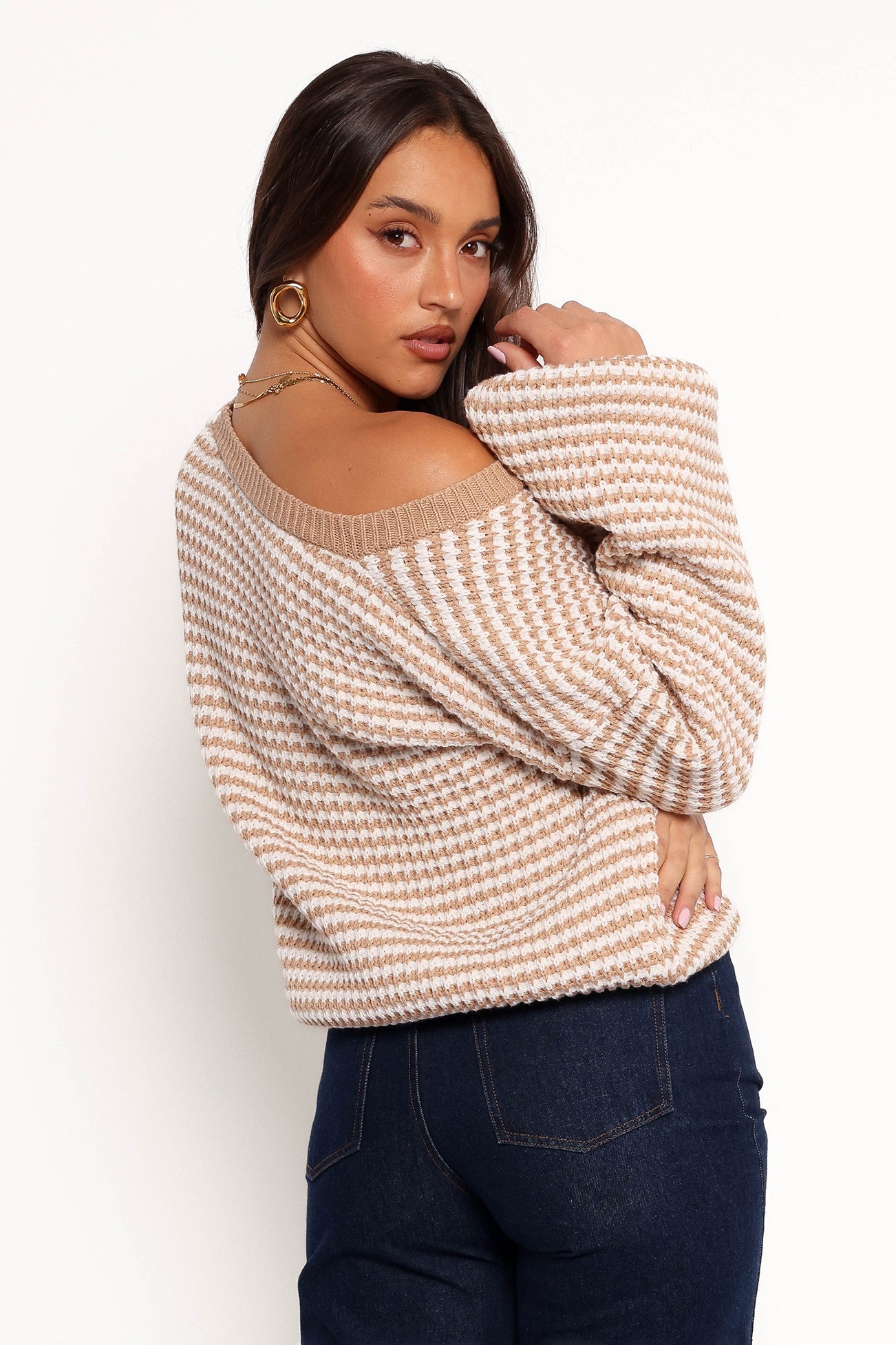 Becca Crewneck Waffle Stitch Stripe Knit Sweater - Tan - Image 6