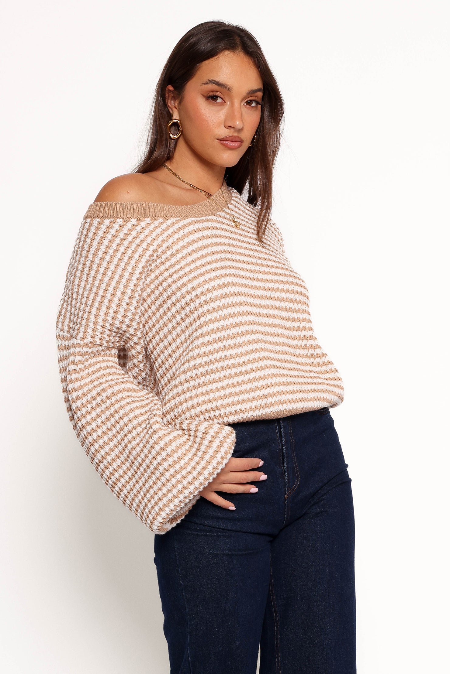 Becca Crewneck Waffle Stitch Stripe Knit Sweater - Tan - Image 7