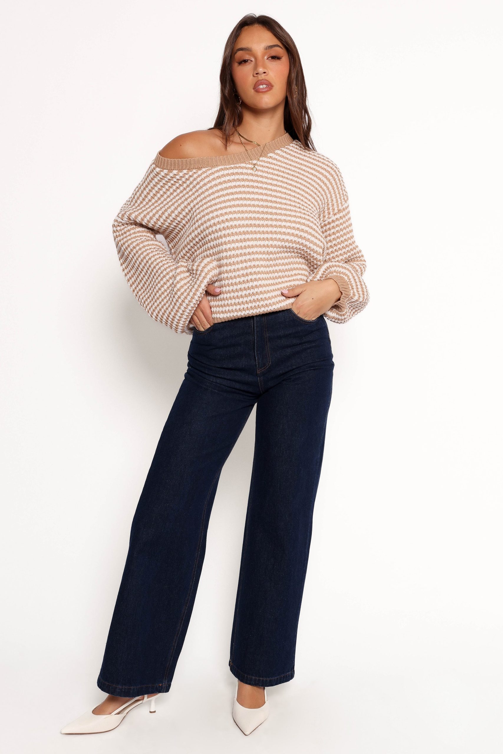 Becca Crewneck Waffle Stitch Stripe Knit Sweater - Tan - Image 8