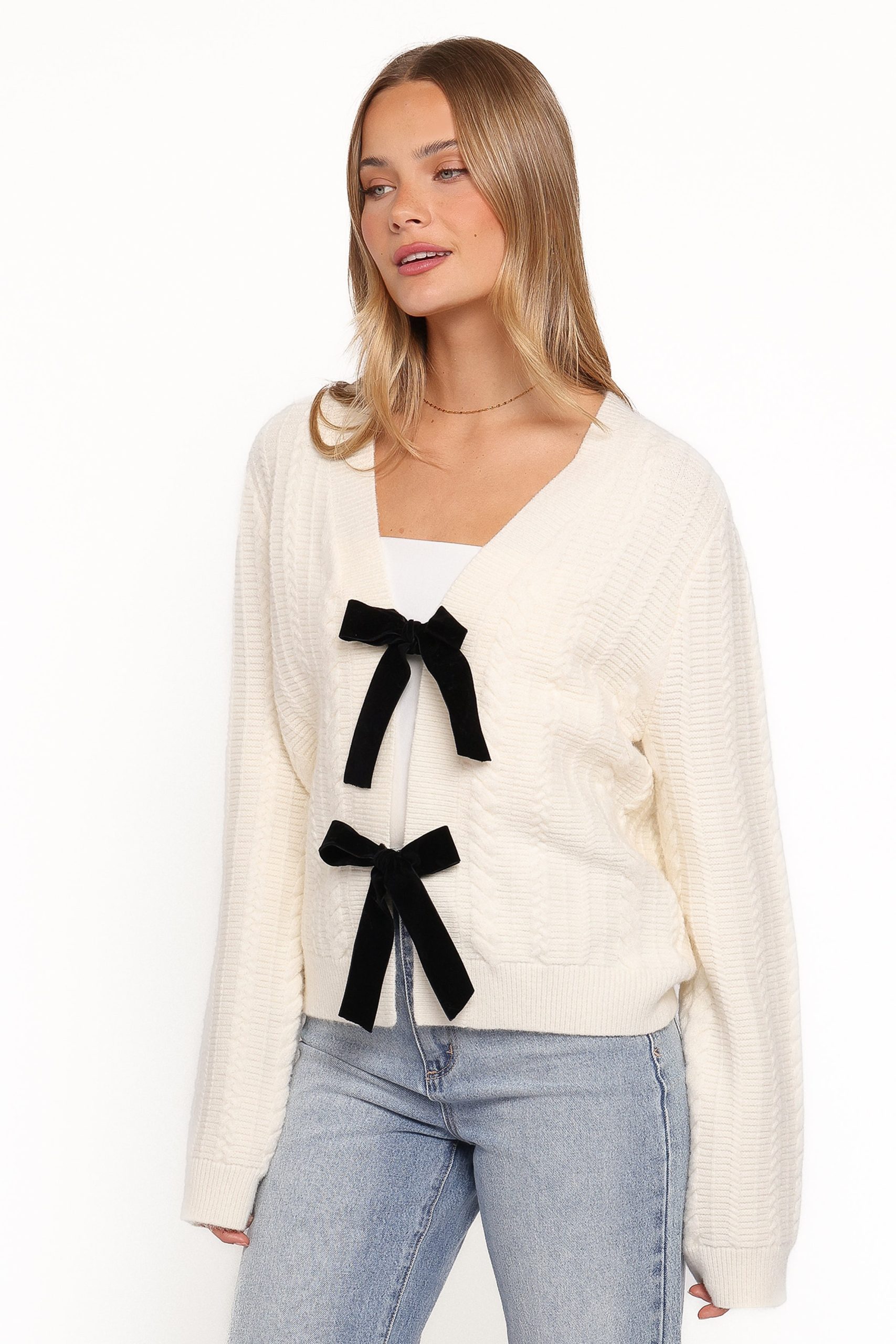 Bree Velvet Bow Cardigan - Cream - Image 3
