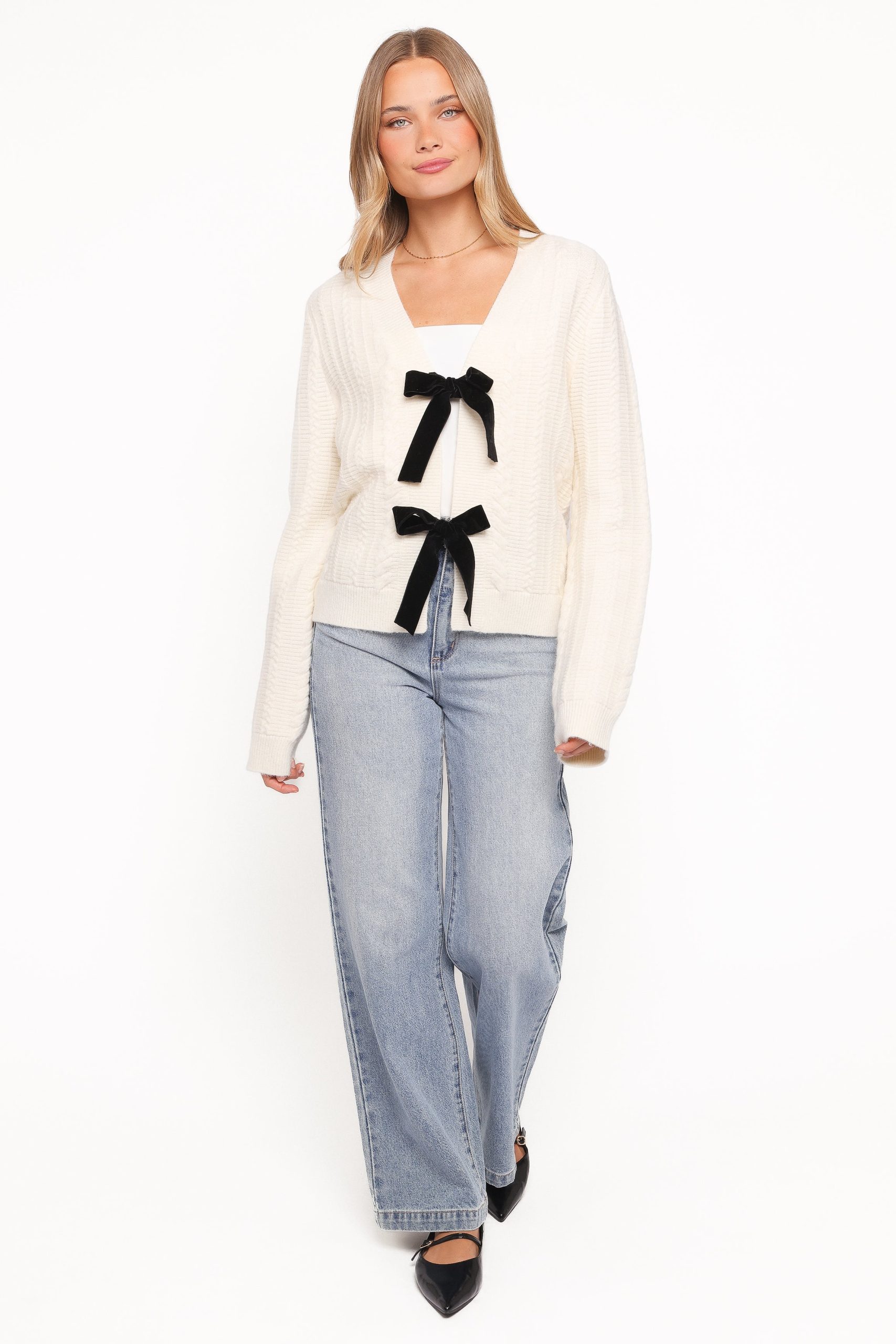 Bree Velvet Bow Cardigan - Cream - Image 5