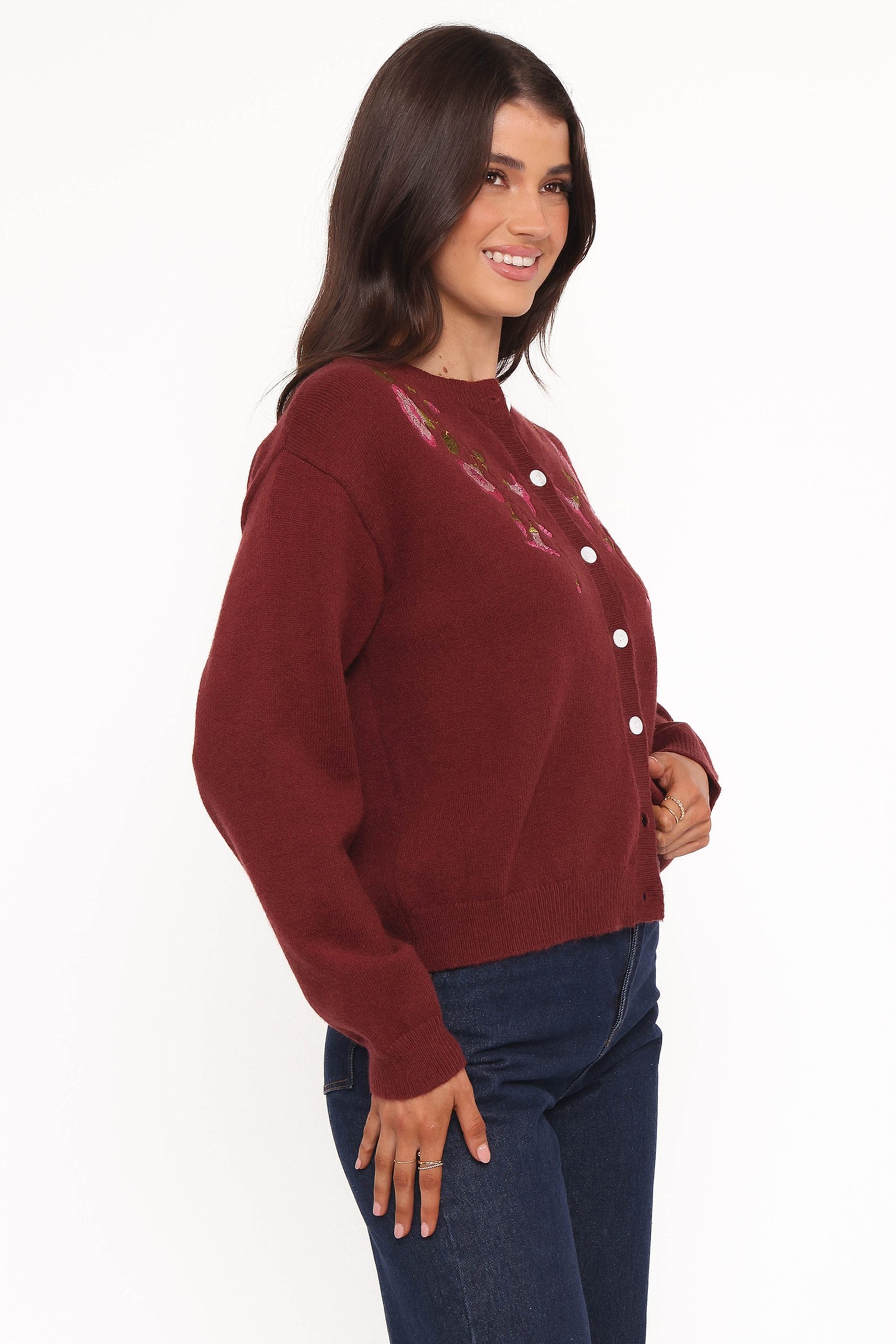 Brittany Placed Embroidery Flower Cardigan - Burgundy - Image 3