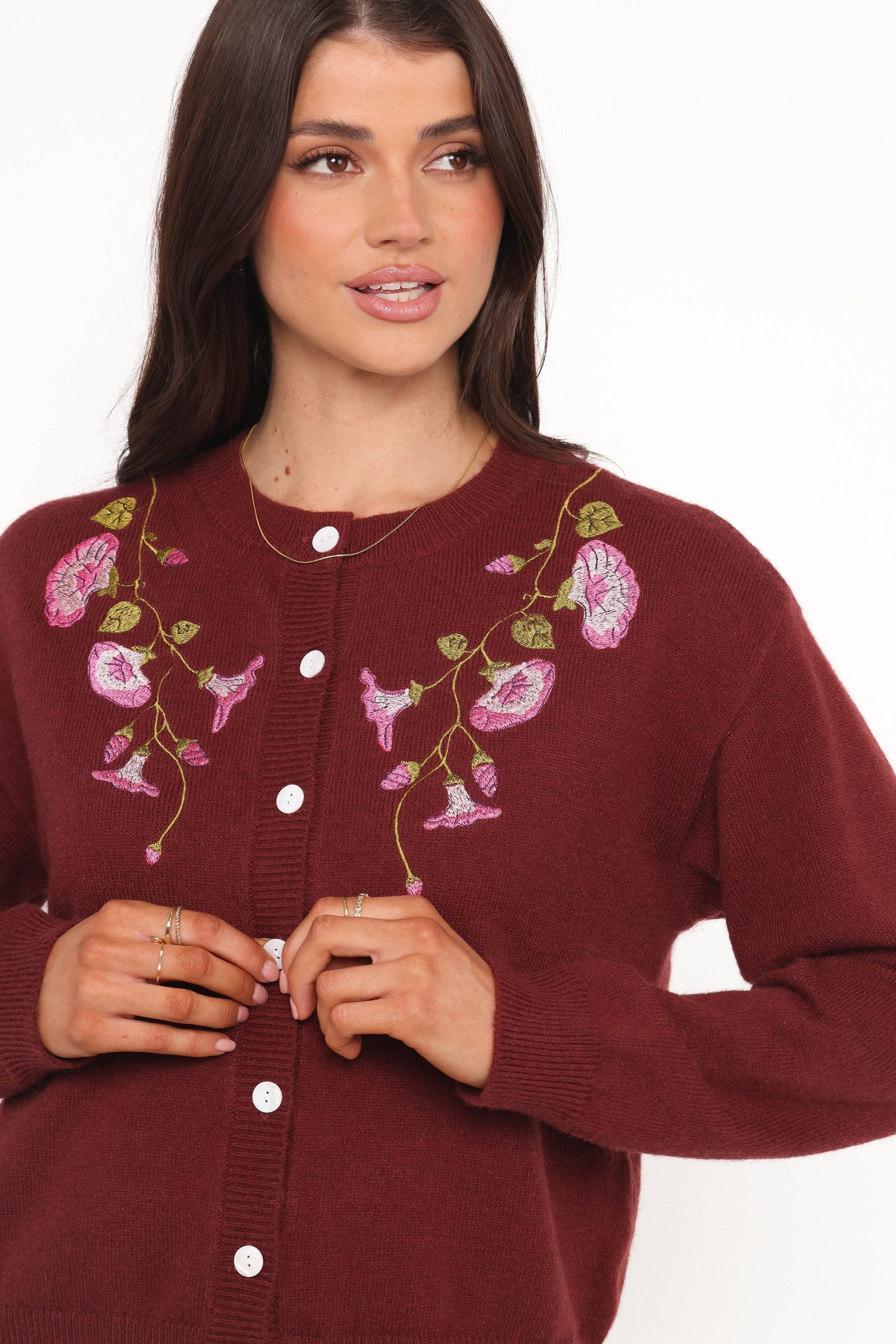 Brittany Placed Embroidery Flower Cardigan - Burgundy - Image 2
