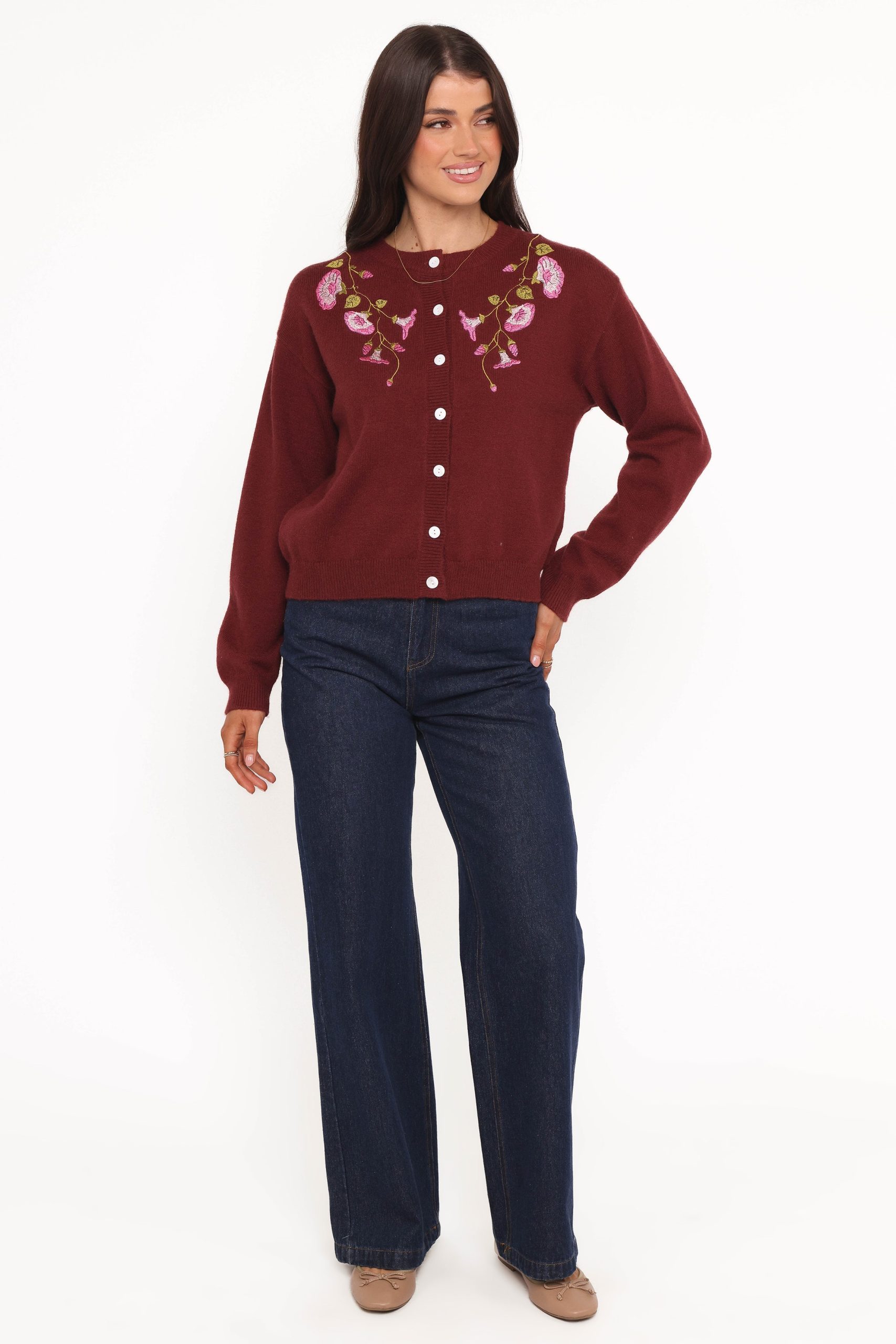 Brittany Placed Embroidery Flower Cardigan - Burgundy - Image 5