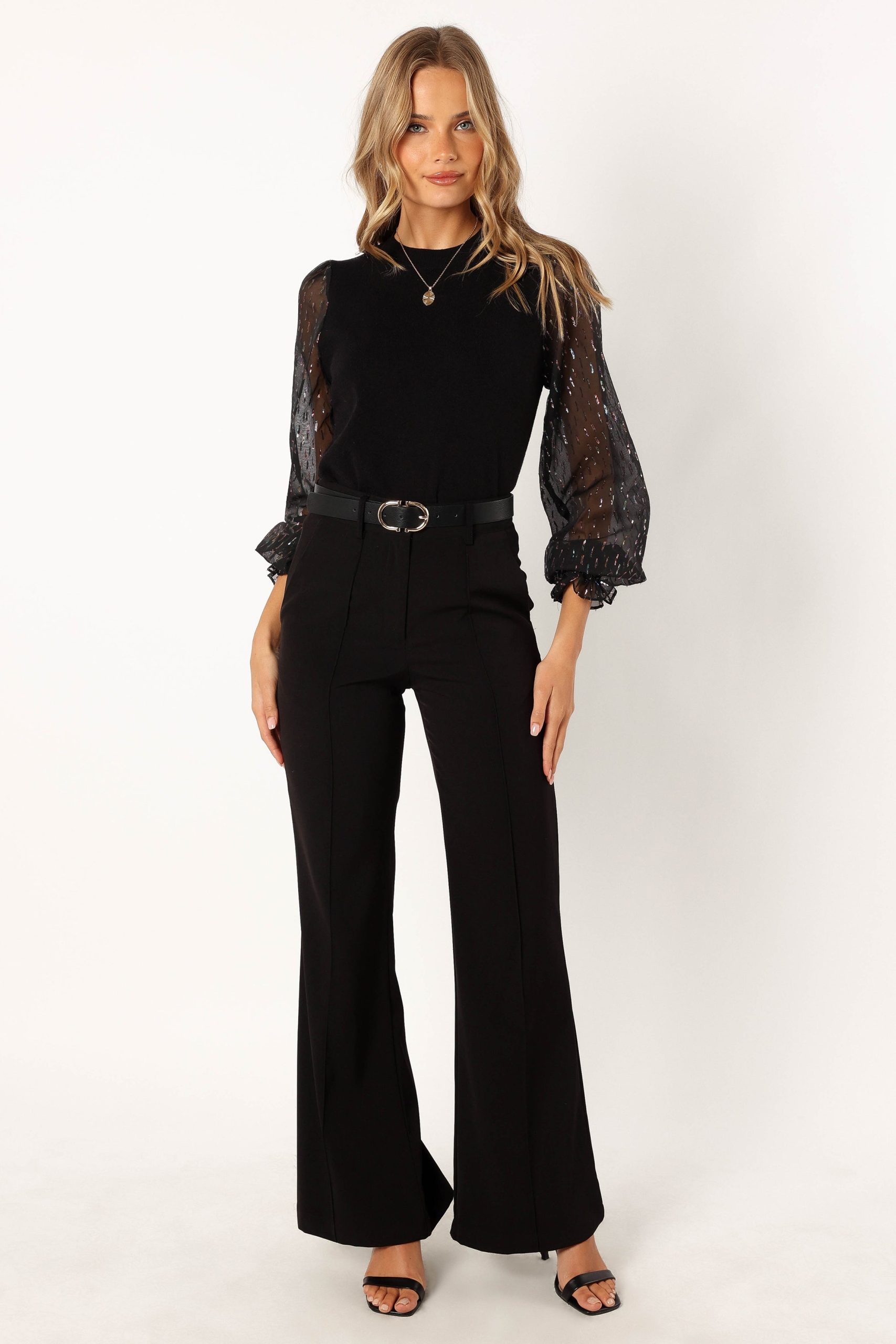 Callie Contrast Chiffon Sleeve Knit Sweater - Black - Image 6