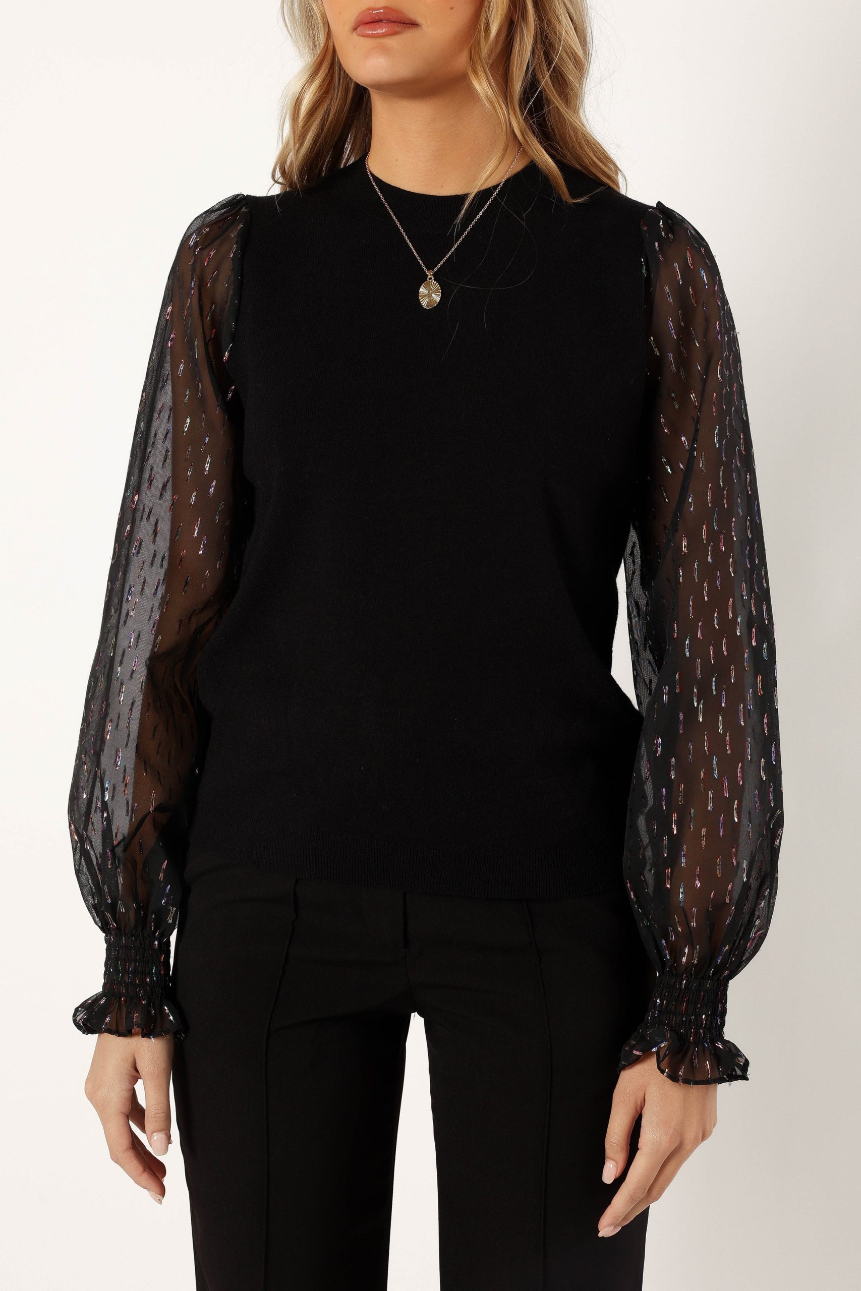 Callie Contrast Chiffon Sleeve Knit Sweater - Black - Image 7