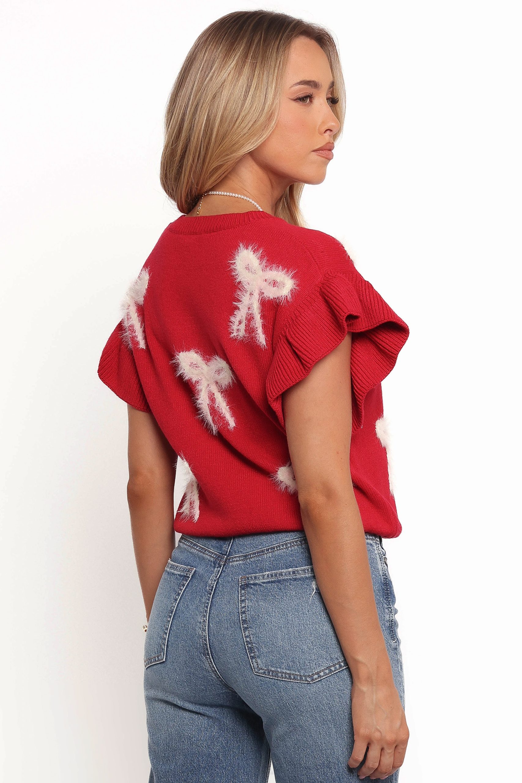 Cherish Ruffle Sleeve Bow Knit Sweater - Red - Image 5