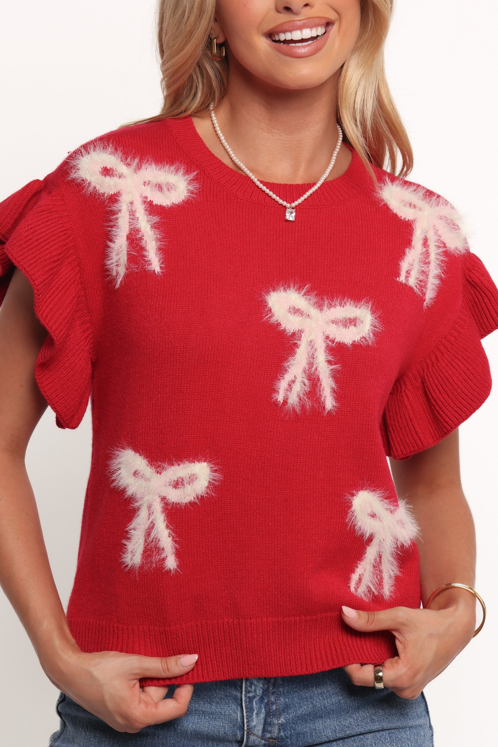 Cherish Ruffle Sleeve Bow Knit Sweater - Red - Image 7