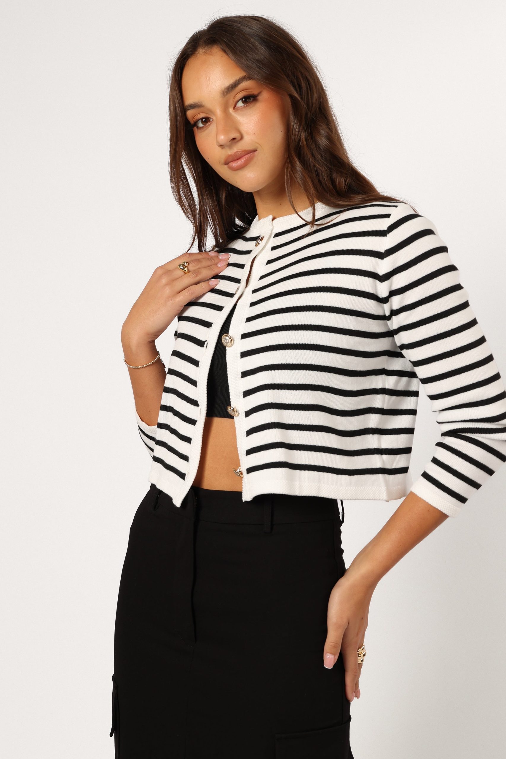 Cynthia Striped Button Front Cardigan - Black/Cream - Image 4