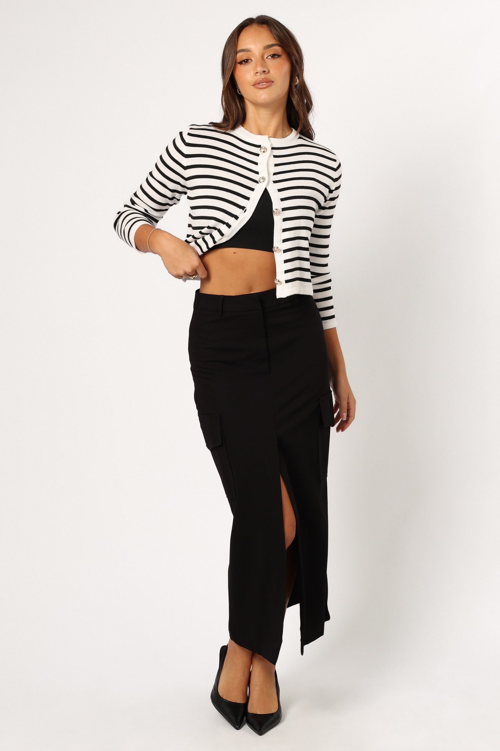 Cynthia Striped Button Front Cardigan - Black/Cream - Image 9