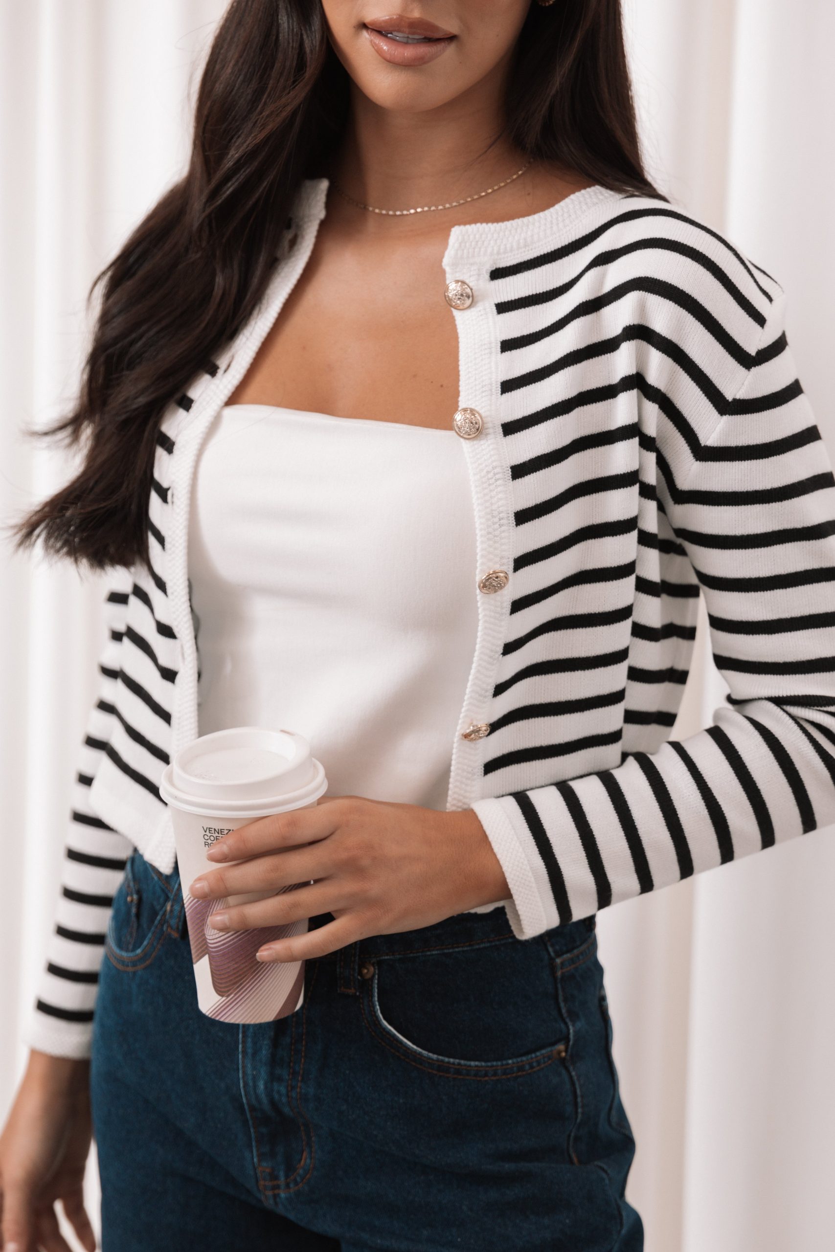 Cynthia Striped Button Front Cardigan - Black/Cream - Image 2