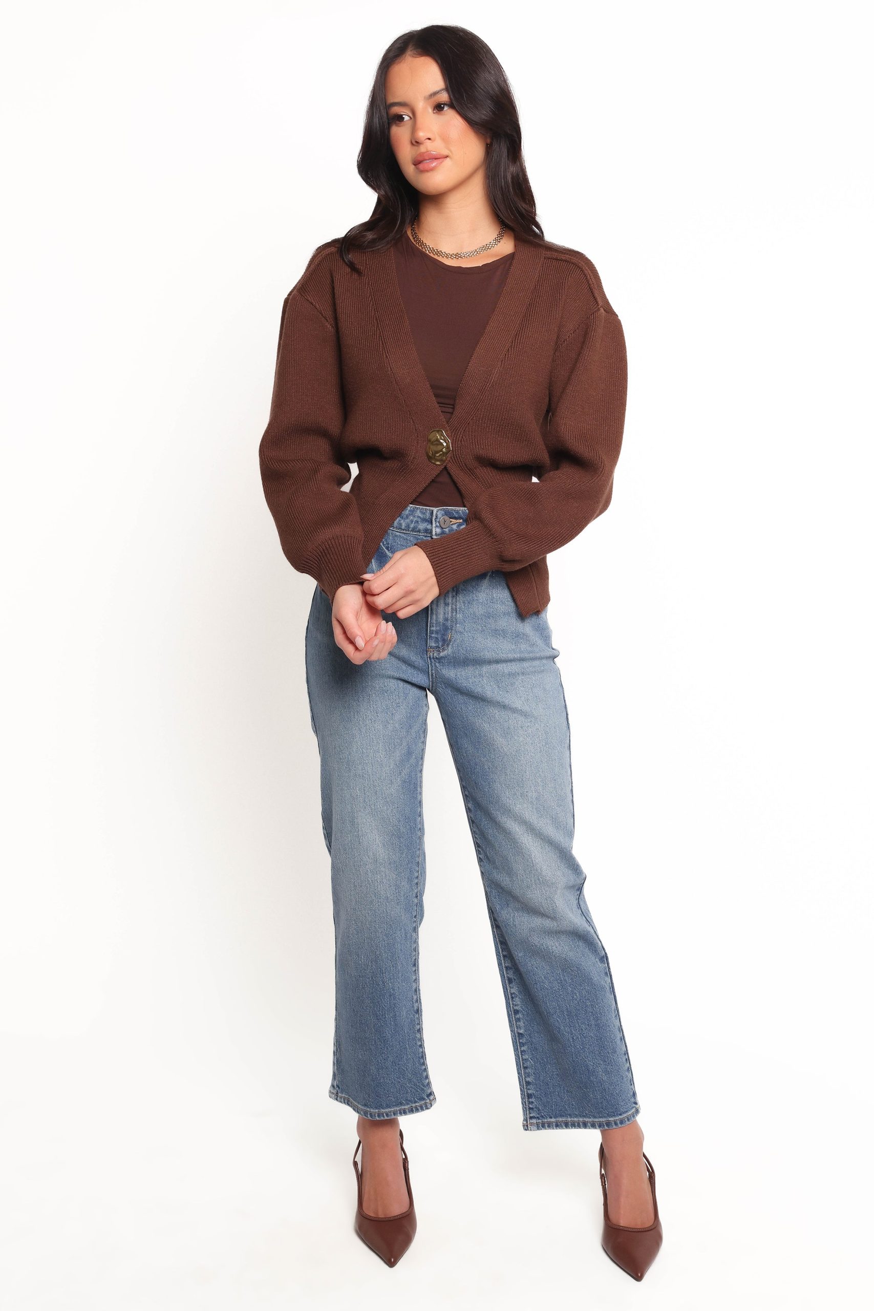 Cyrelle Single Button Cardigan - Brown - Image 7