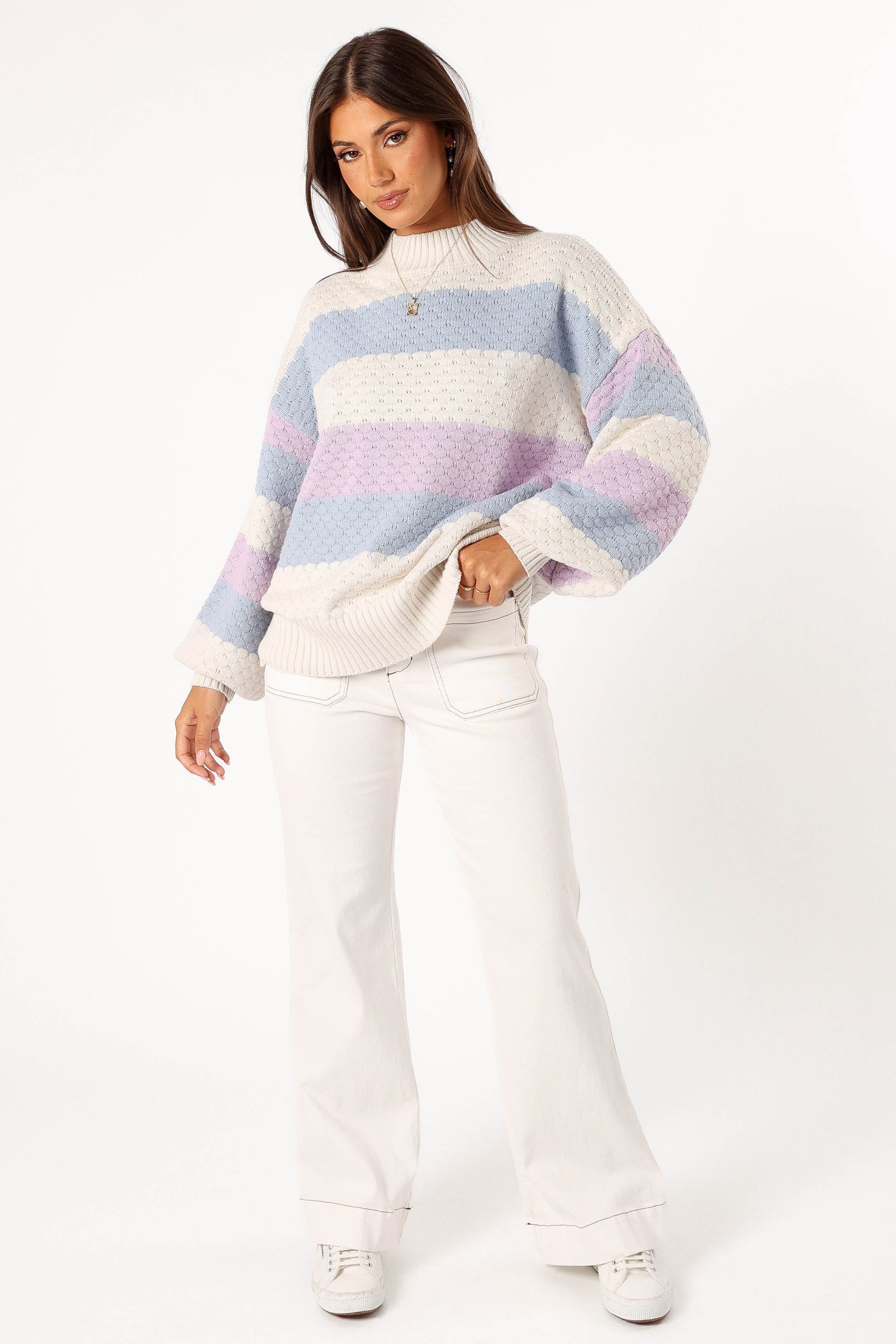 Dani Multi Stripe Knit Sweater - White Light Blue - Image 2