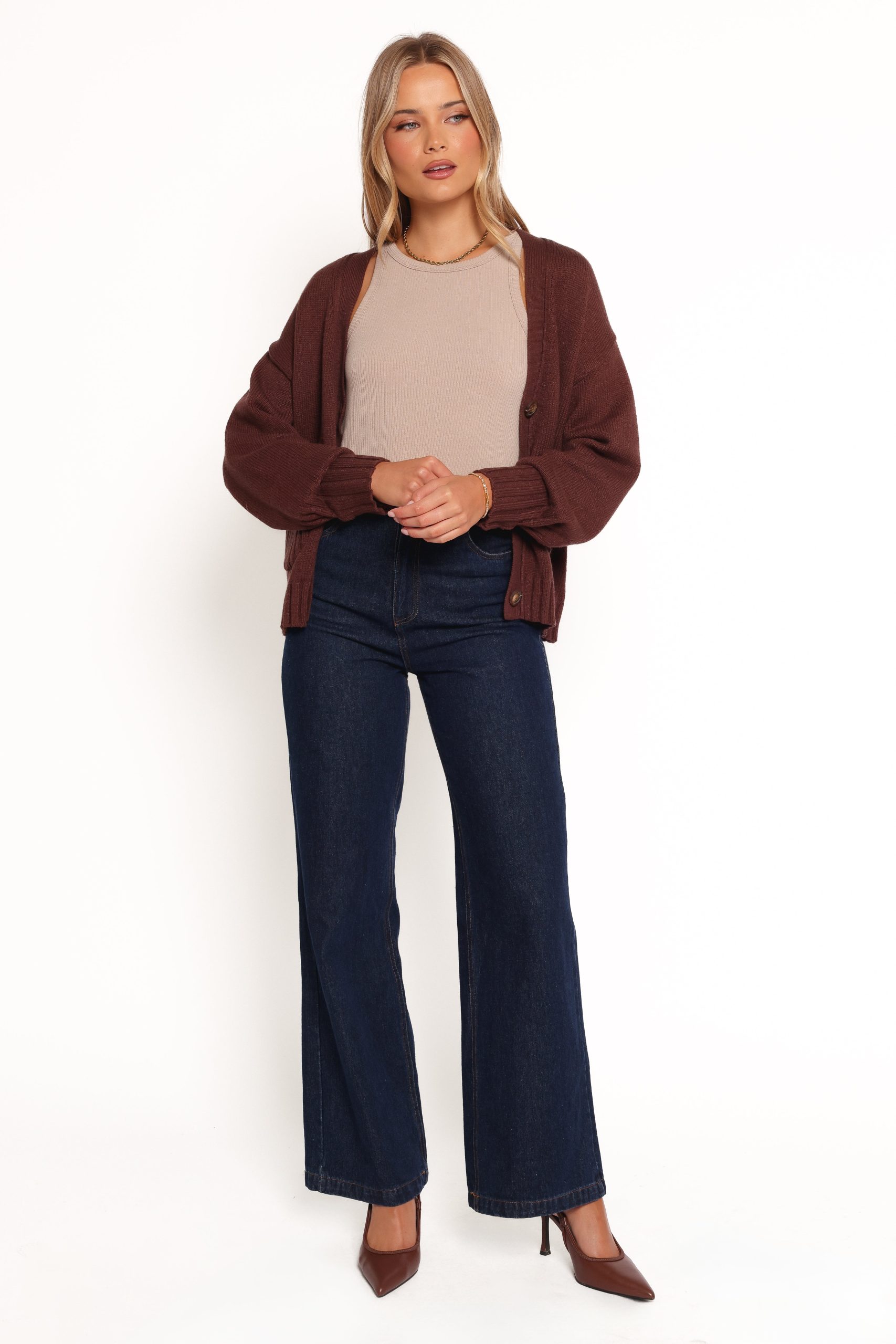 Eden Button Front Cardigan - Brown - Image 2