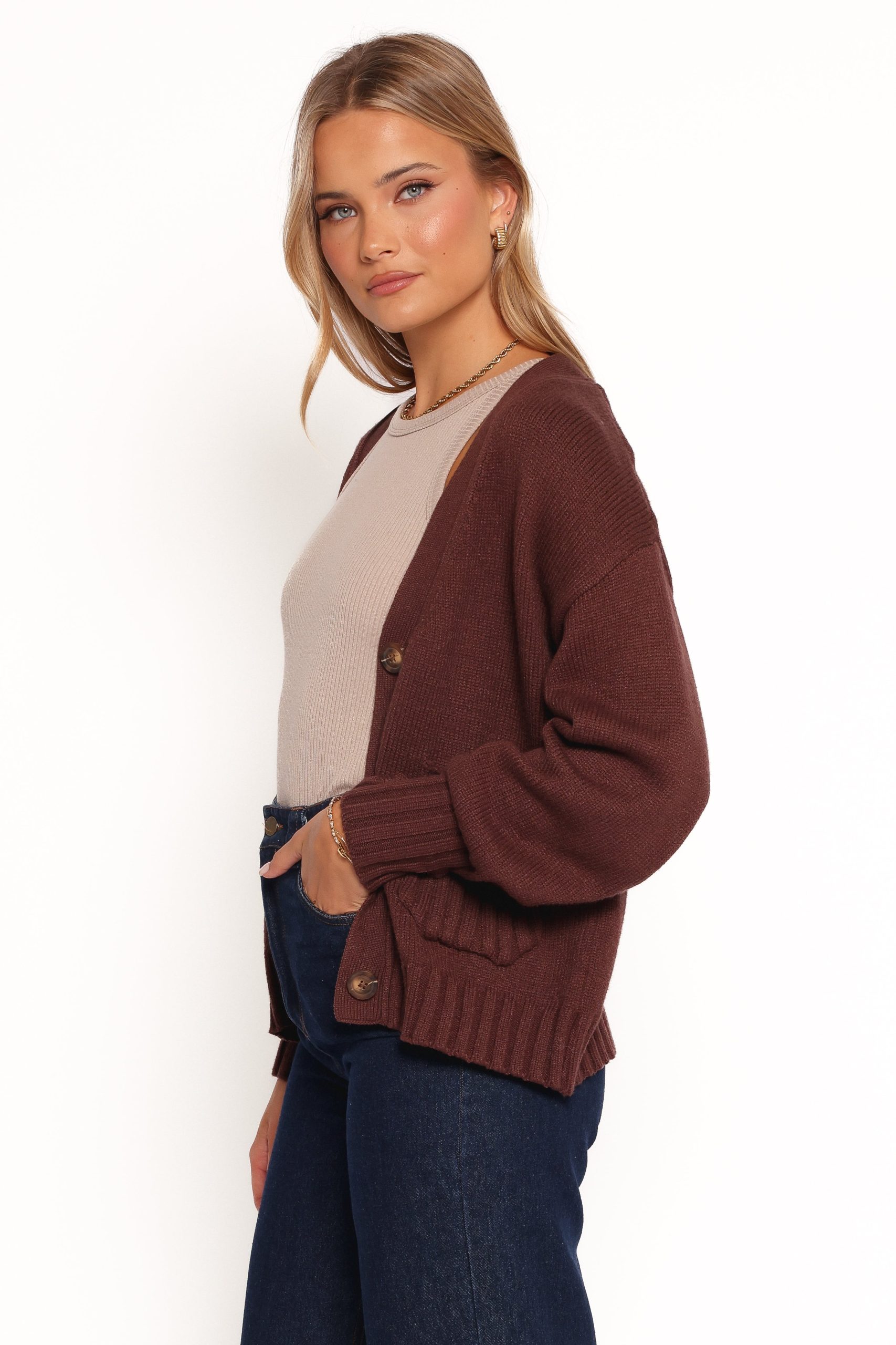 Eden Button Front Cardigan - Brown - Image 3