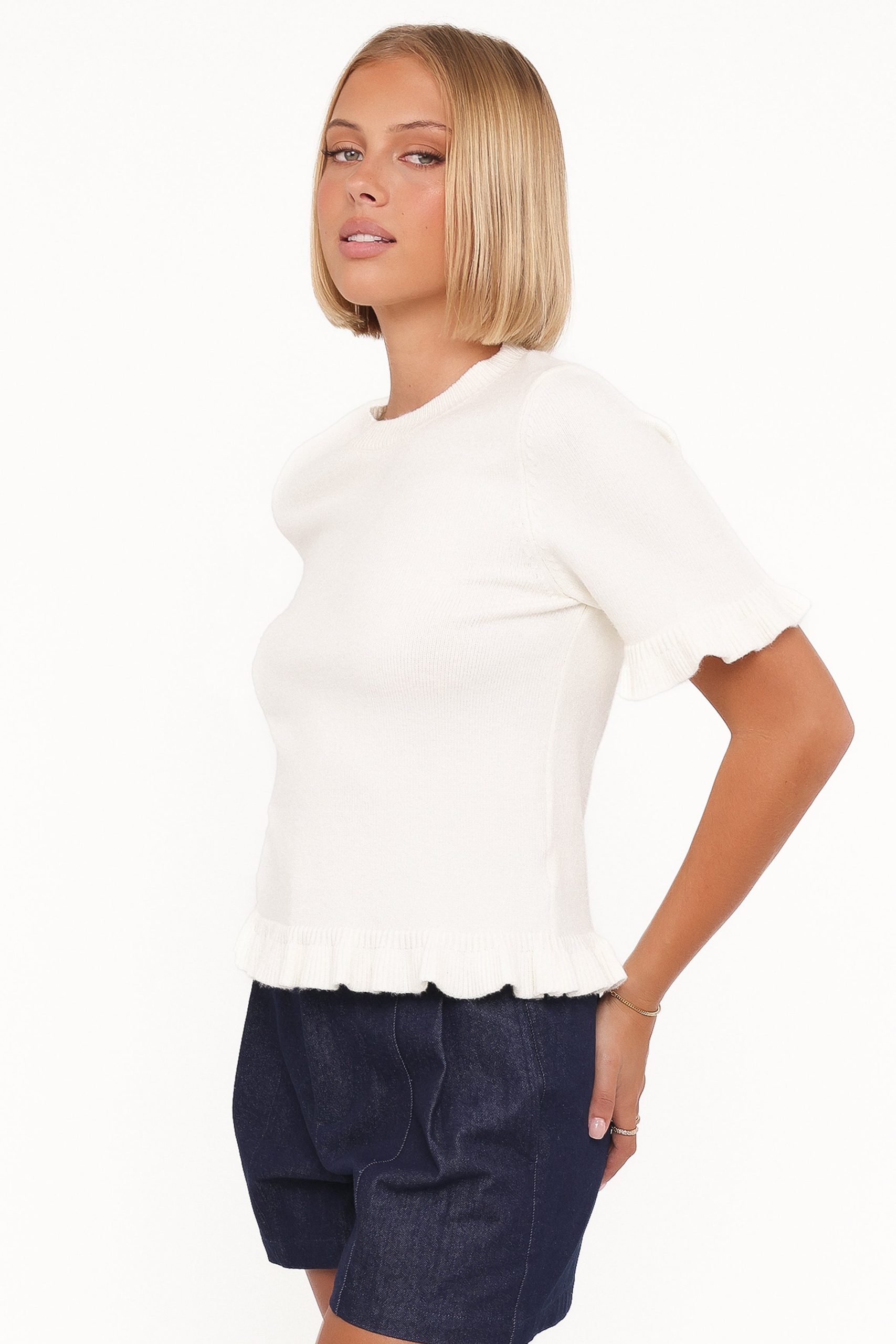 Emilie Short Sleeve Ruffle Crew Sweater - Cream - Image 4