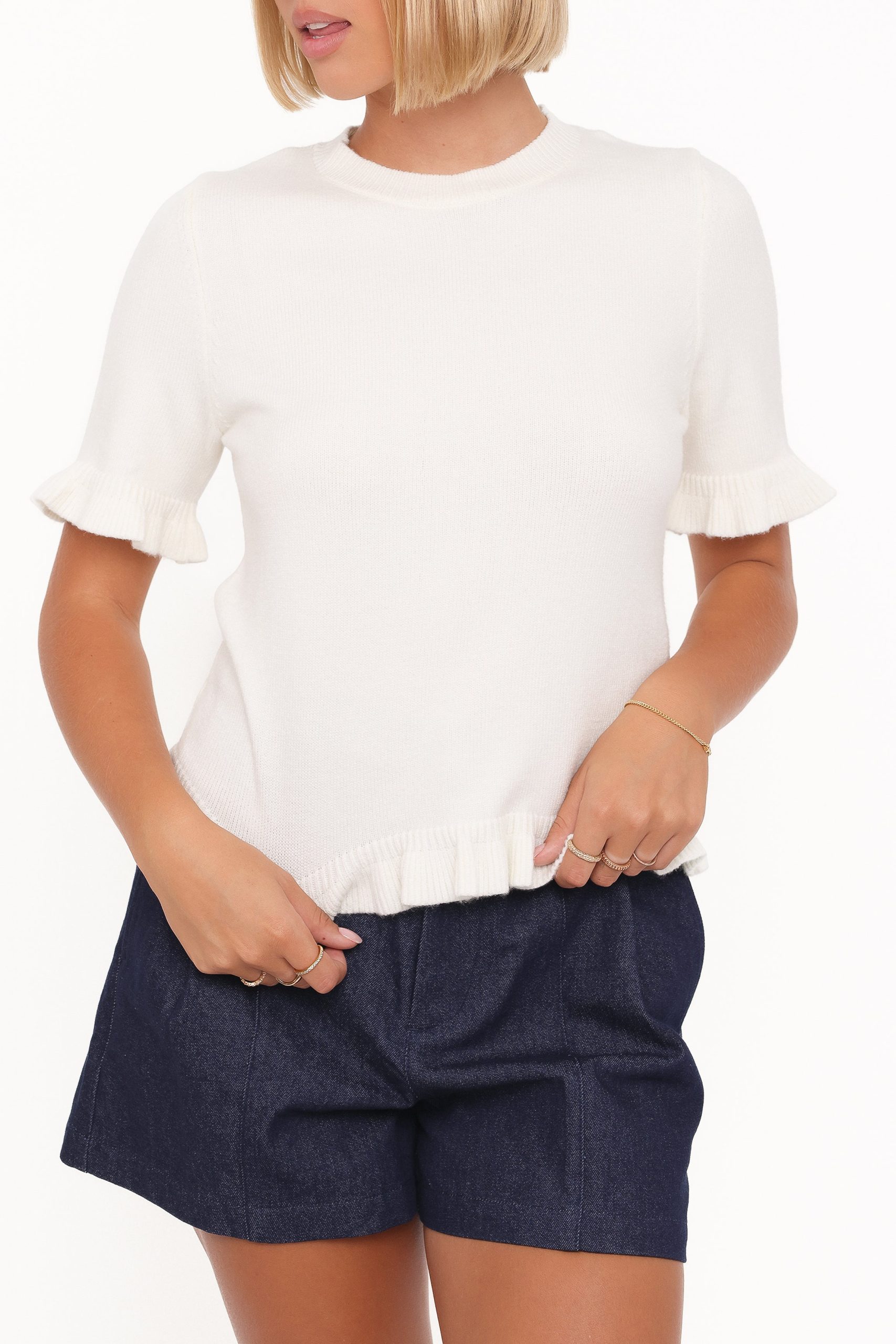 Emilie Short Sleeve Ruffle Crew Sweater - Cream - Image 3