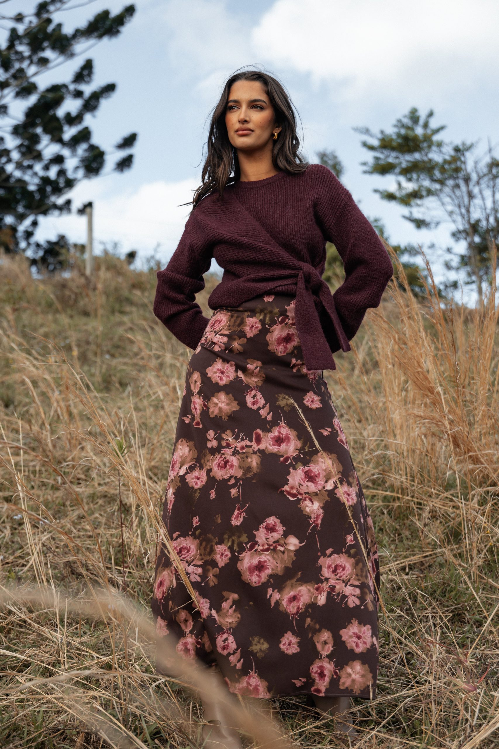 Ettie Wrap Side Tie Knit Sweater - Burgundy - Image 2
